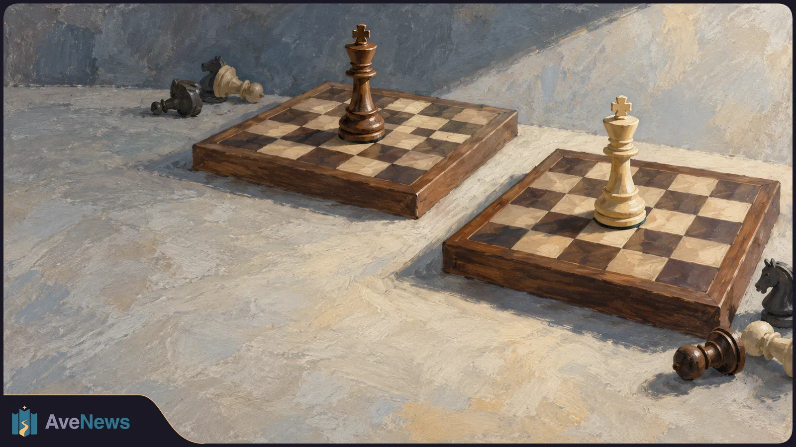 Painterly scene of two wooden chessboards, each with a standing king; several pieces lie beside the boards. SI illustration
