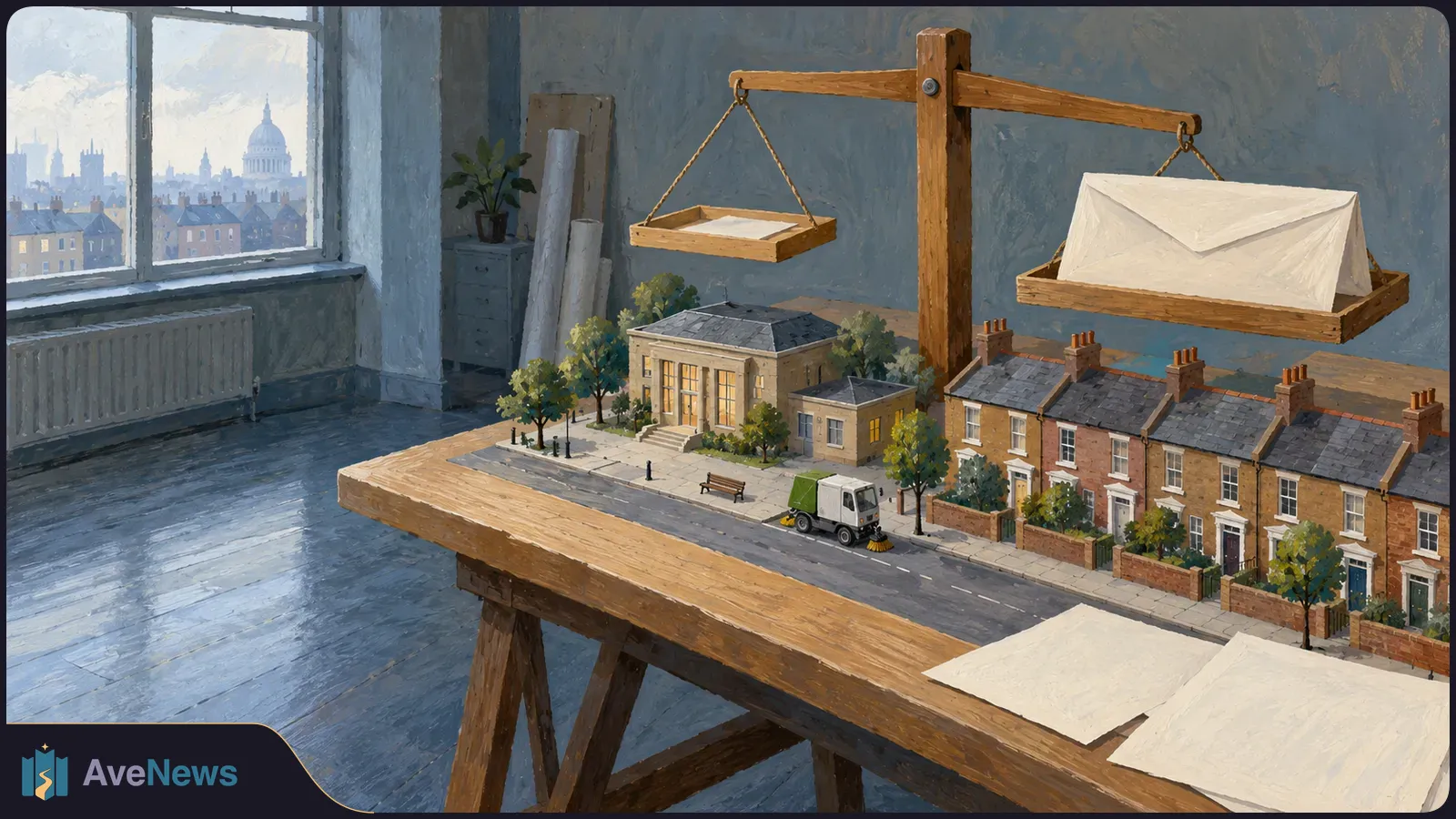 A painted scene shows a wooden balance scale with a blank sheet and a large white envelope above a miniature street of houses, a civic building and a street sweeper. SI illustration