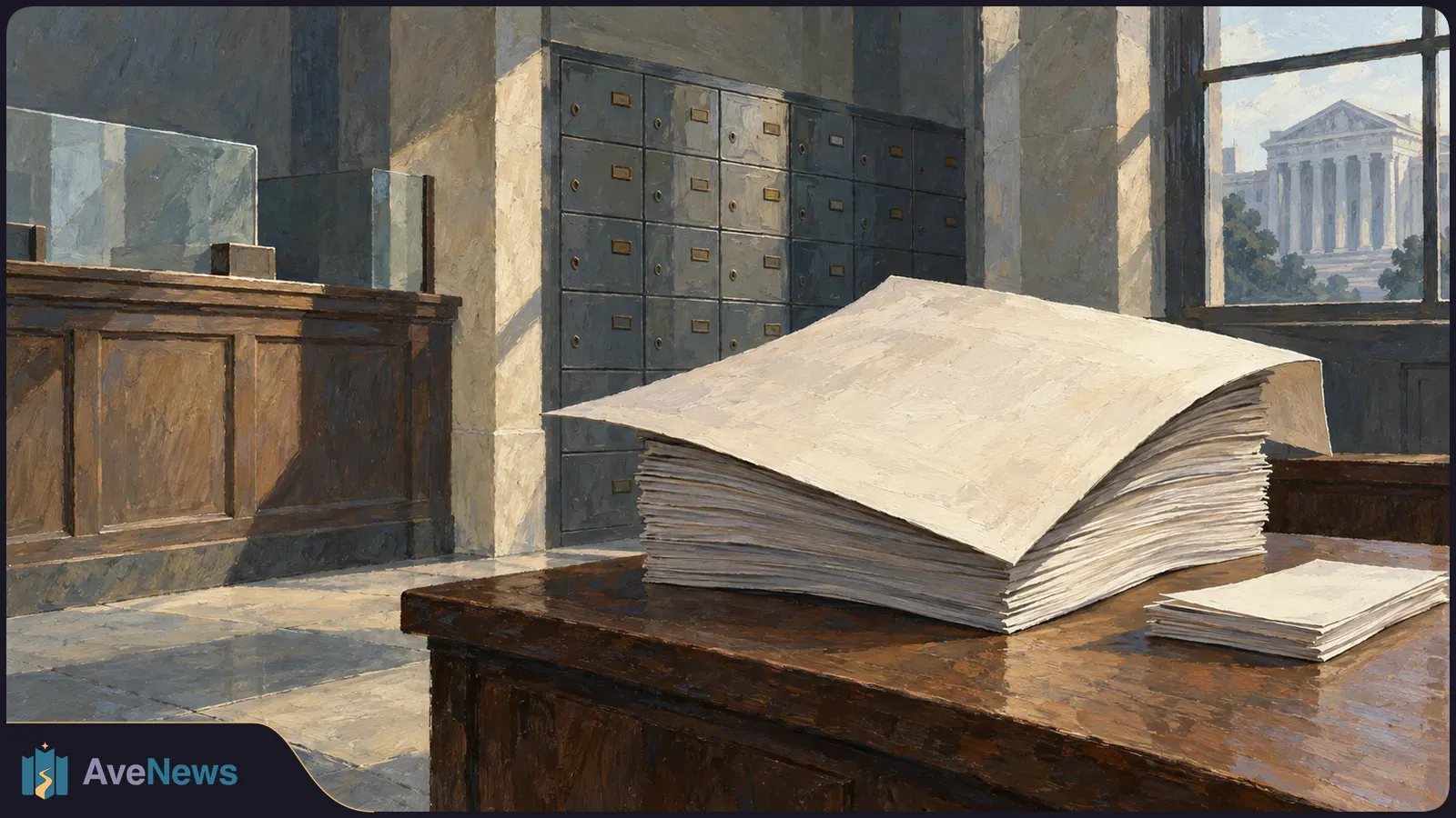 A thick stack of blank paper and a smaller stack sit on a wooden counter. Metal deposit boxes line the wall, and a columned building is visible through the window. SI illustration