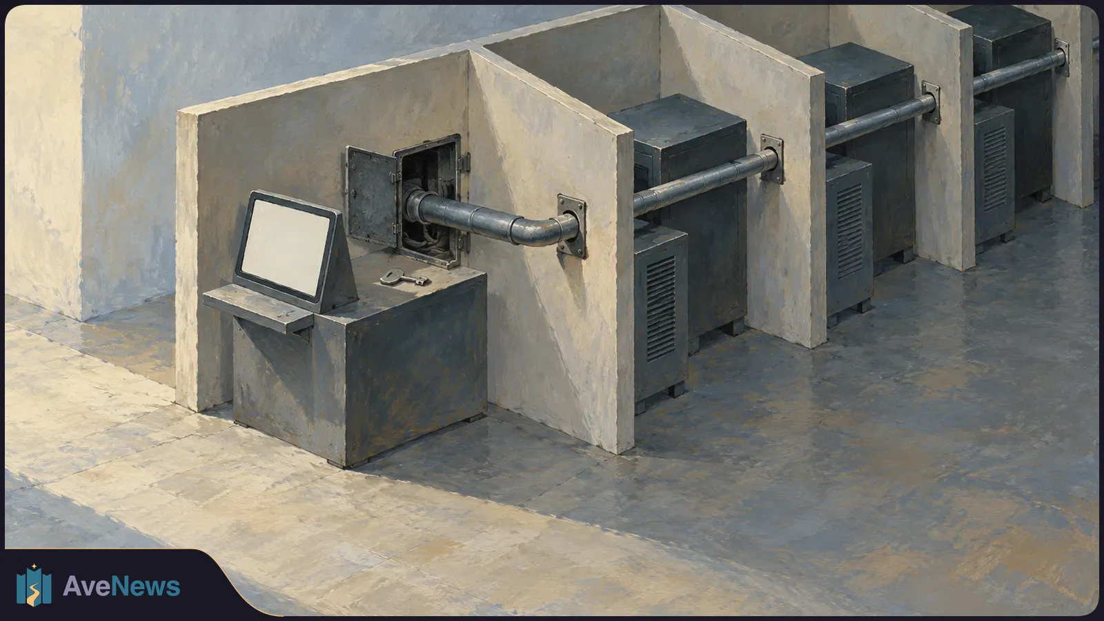 Painted illustration of a blank monitor and a key beside an open conduit box, with pipes running through a row of partitioned equipment bays. SI illustration
