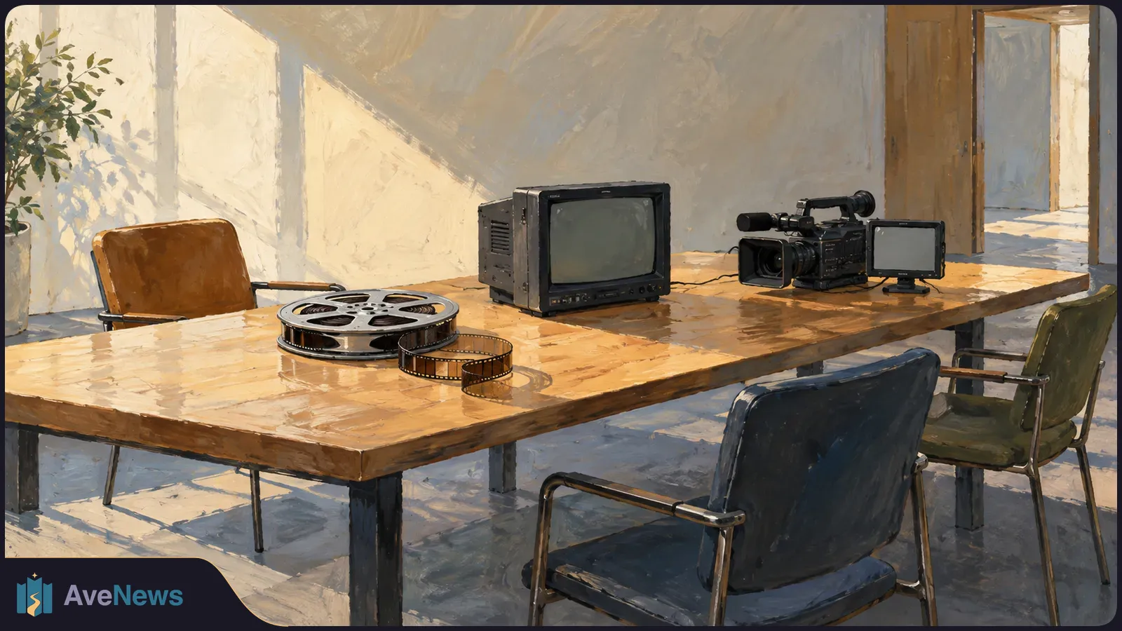 A painted meeting room with a film reel, video monitor and camera on a long wooden table, surrounded by empty chairs. SI illustration