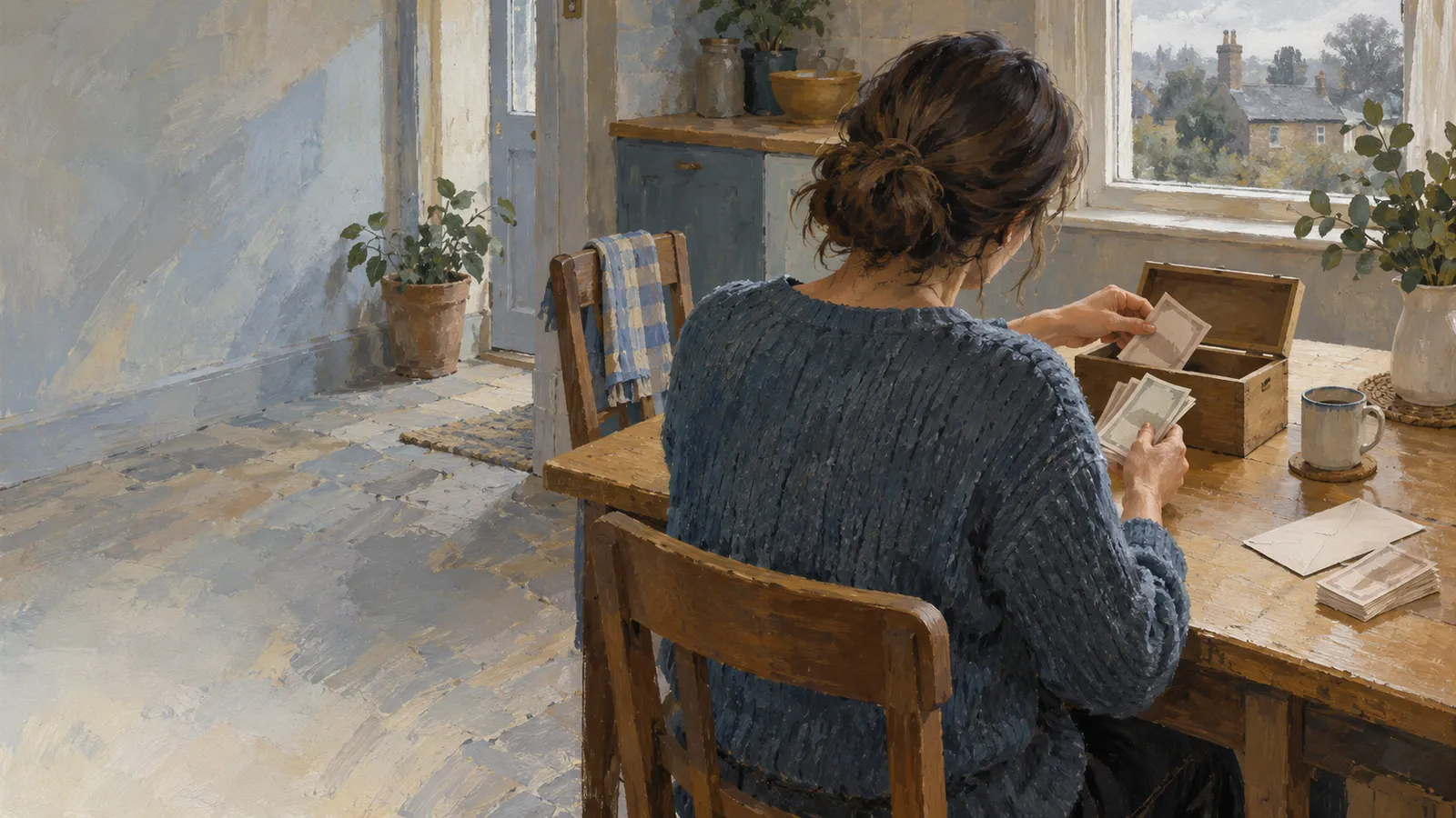 A painted scene of a woman seated at a kitchen table, sorting banknotes beside an open wooden box, an envelope and a mug. SI illustration