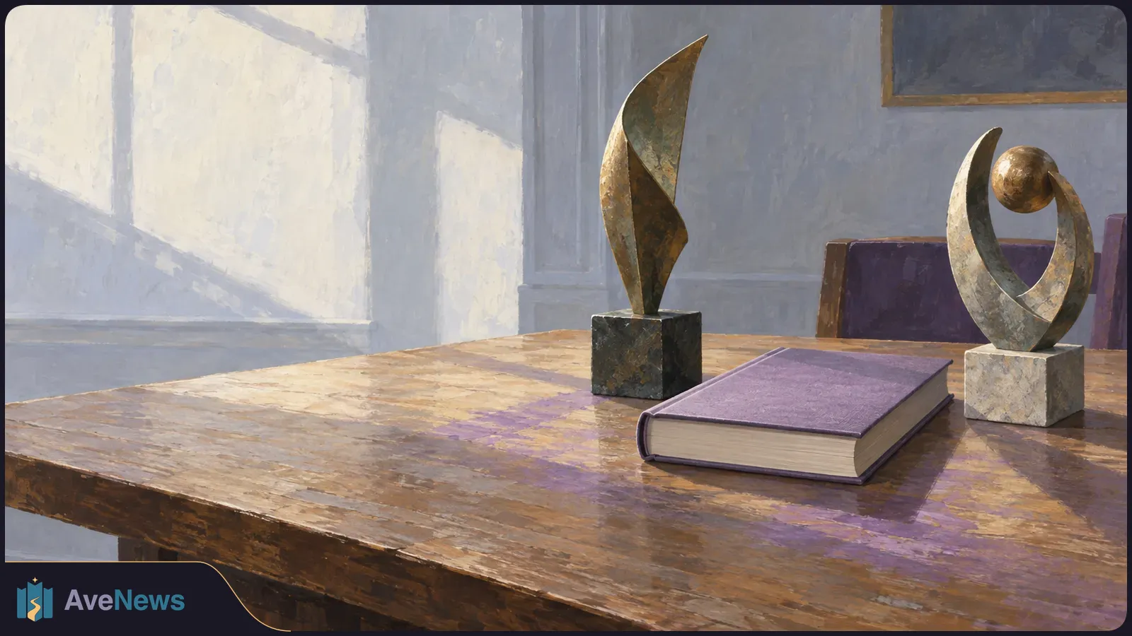 A purple hardcover book lies on a wooden table between two abstract metal sculptures, with sunlight falling across the wall and tabletop. SI illustration