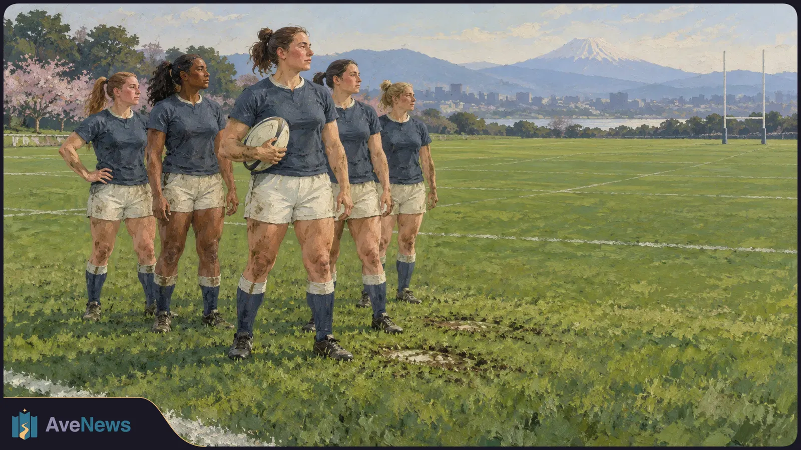 Illustration of five women in dark shirts and white shorts standing on a rugby field; one holds a ball. Goalposts, trees, a city skyline and a snow-capped mountain appear behind them. SI illustration