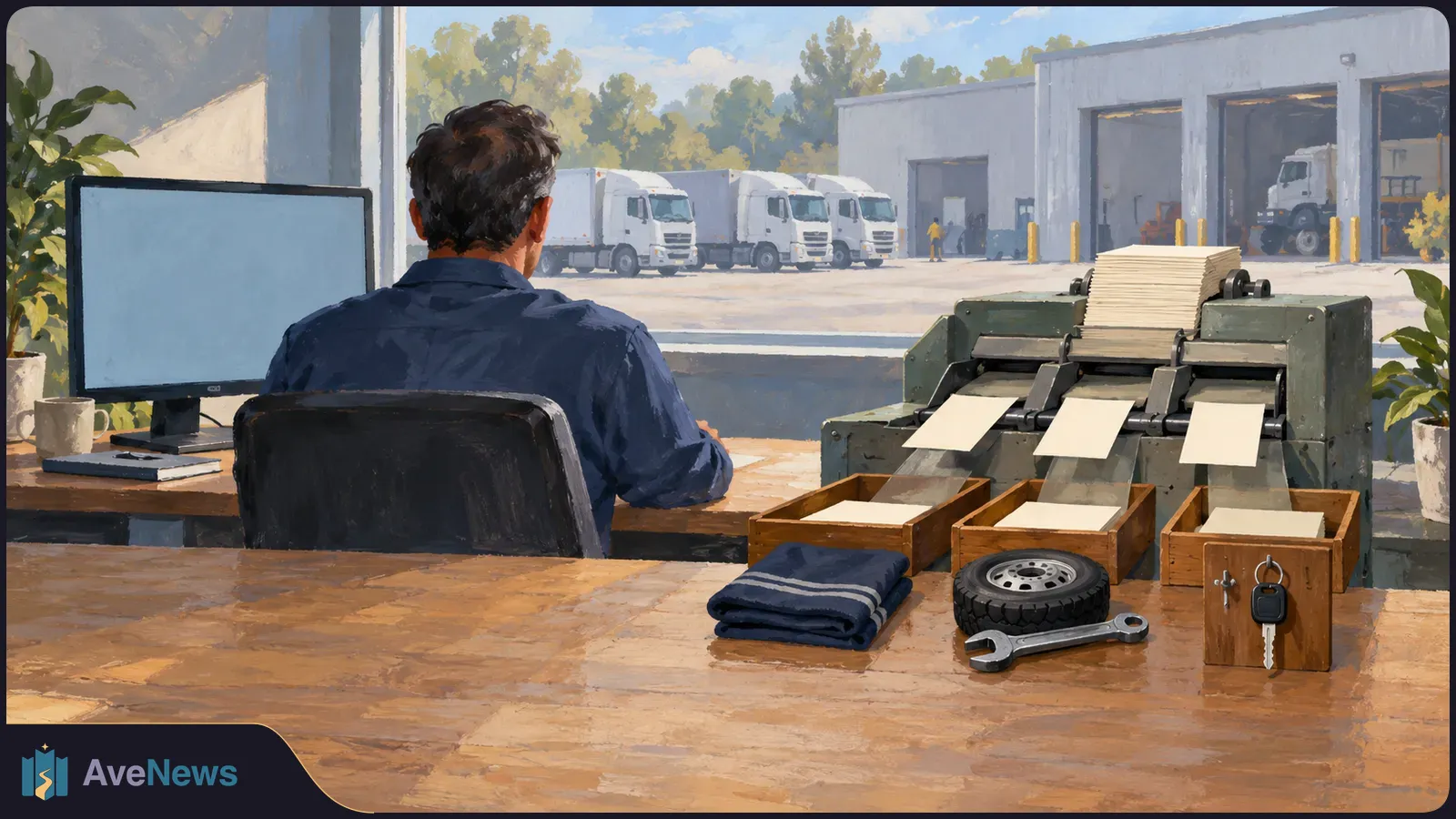 Painted scene of a person at a desk beside a machine sorting blank sheets. A tire, wrench and keys sit in front; several trucks are parked outside a garage. SI illustration