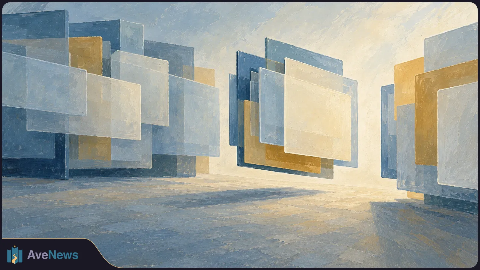 Painterly illustration of overlapping blue, cream and gold rectangular panels in a softly lit space, casting long shadows across the floor. SI illustration