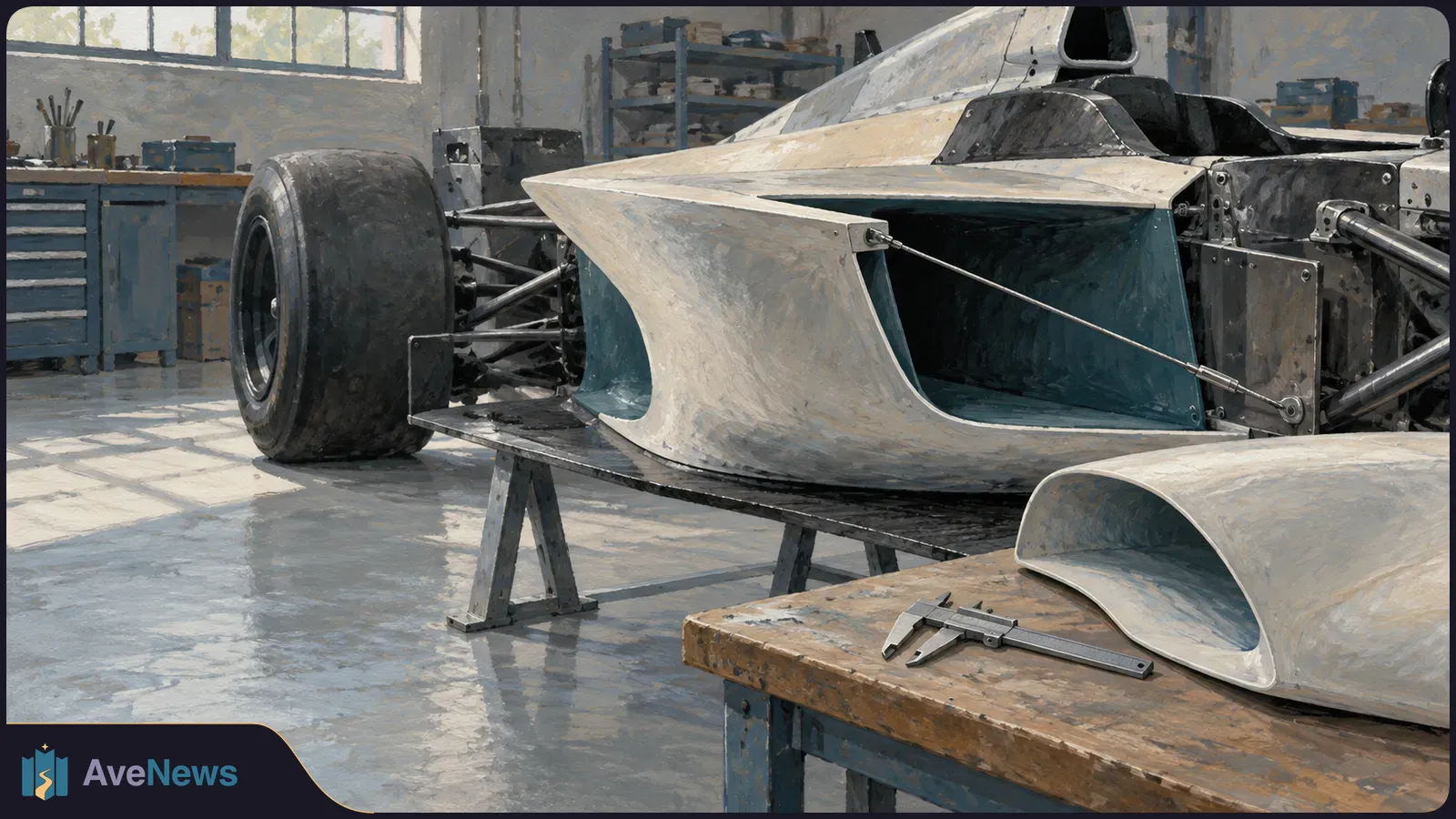 Painted workshop scene with a partially assembled open-wheel racing car. A cable runs across its side bodywork; a detached panel and caliper rest on a nearby bench. SI illustration