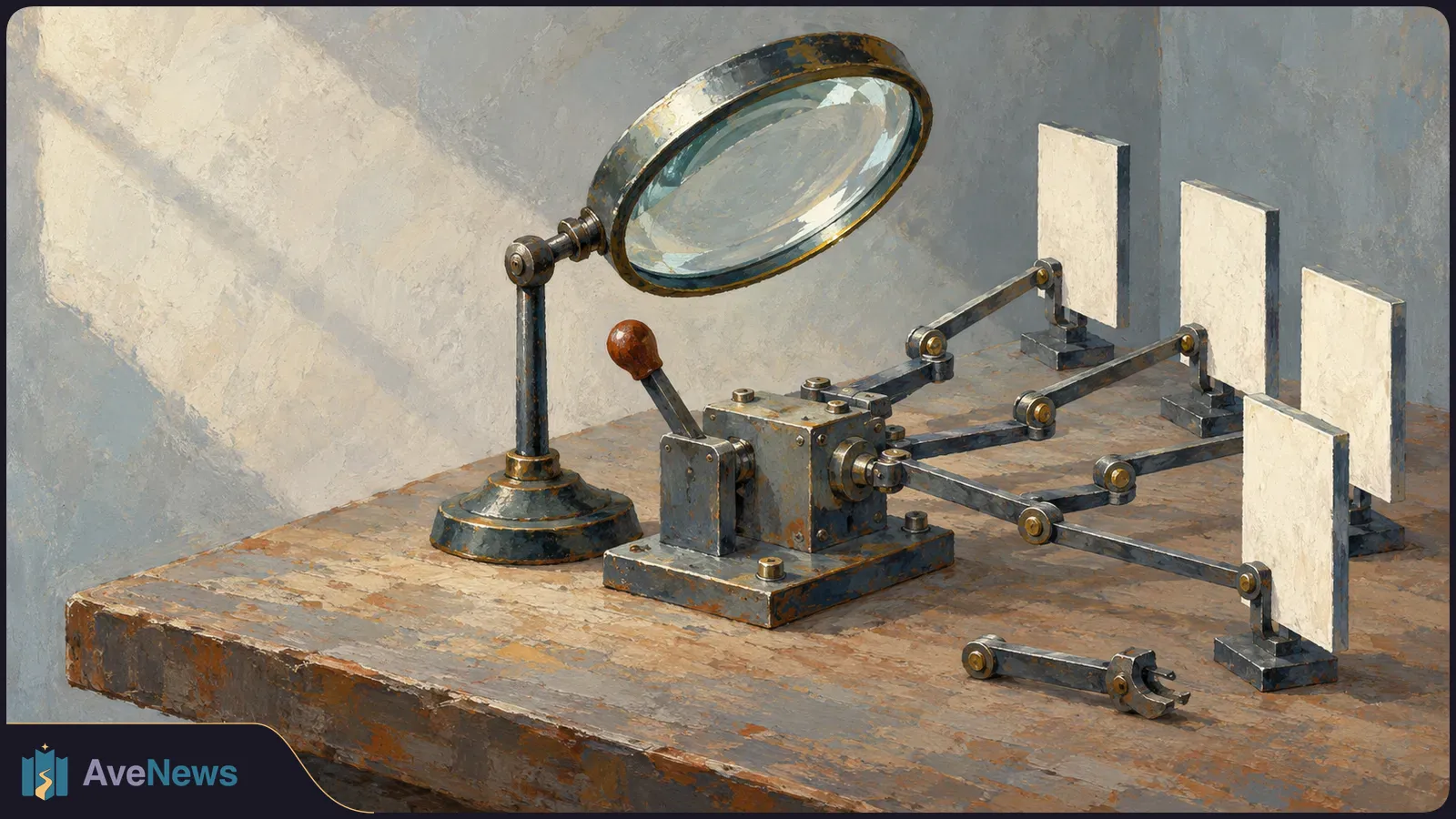 A painted scene of a magnifying glass, a metal mechanism with linked arms, and four blank upright panels on a worn worktable. SI illustration