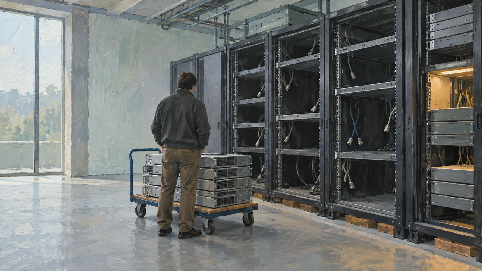 A painted scene of a person standing beside a cart stacked with servers, facing mostly empty server racks with loose cables. SI illustration