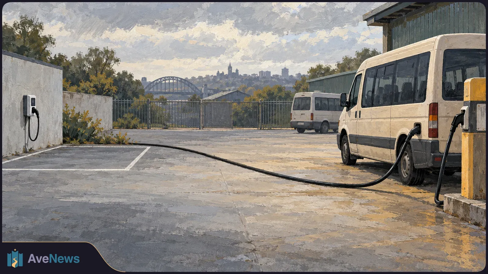 Painted forecourt with a white minibus beside a fuel pump, a black cable across the ground, a wall-mounted charger, and another minibus against a distant bridge and skyline. SI illustration