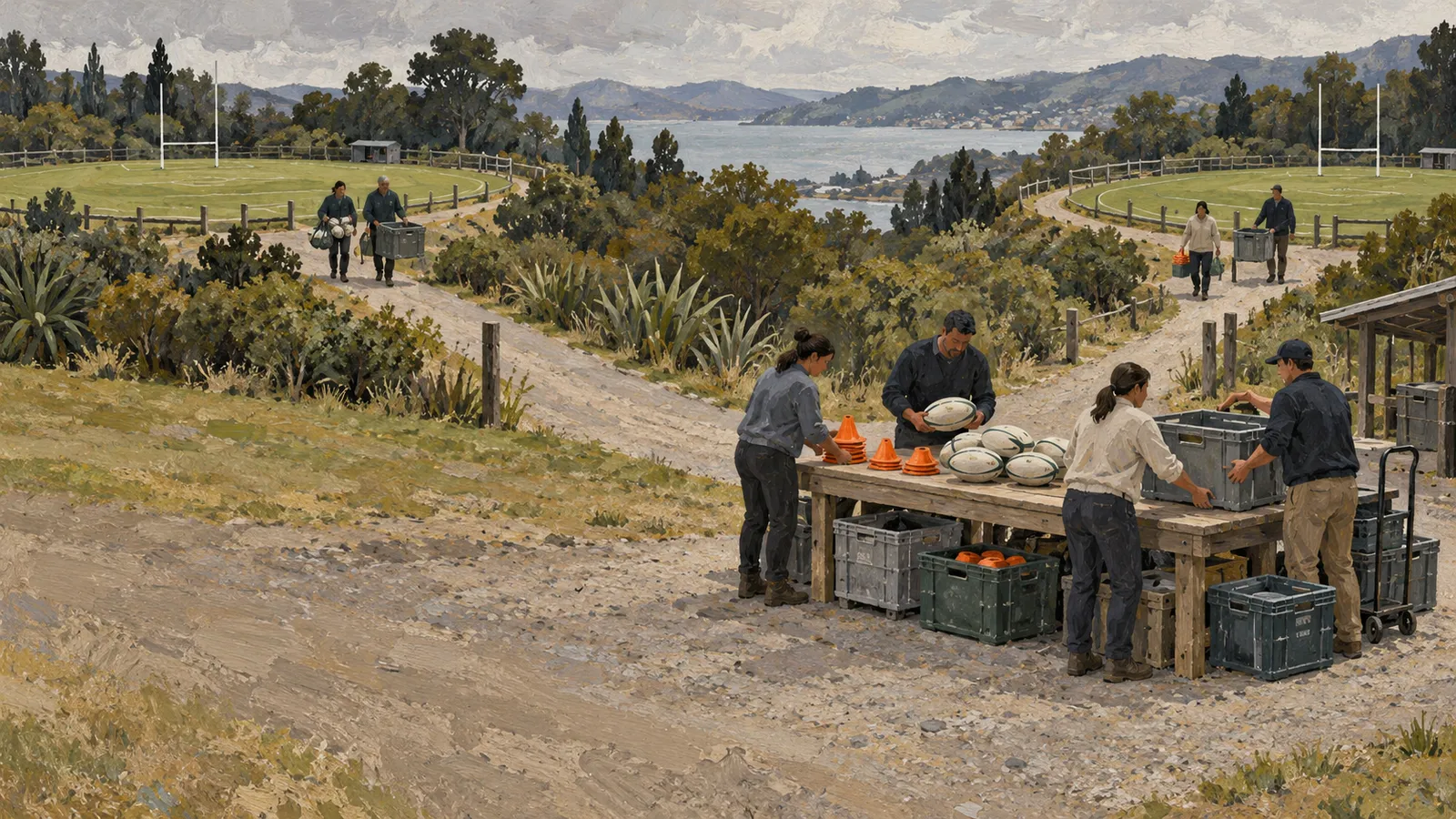 People sort rugby balls, orange cones and crates at a wooden table between two fields, with a bay and hills in the distance. SI illustration