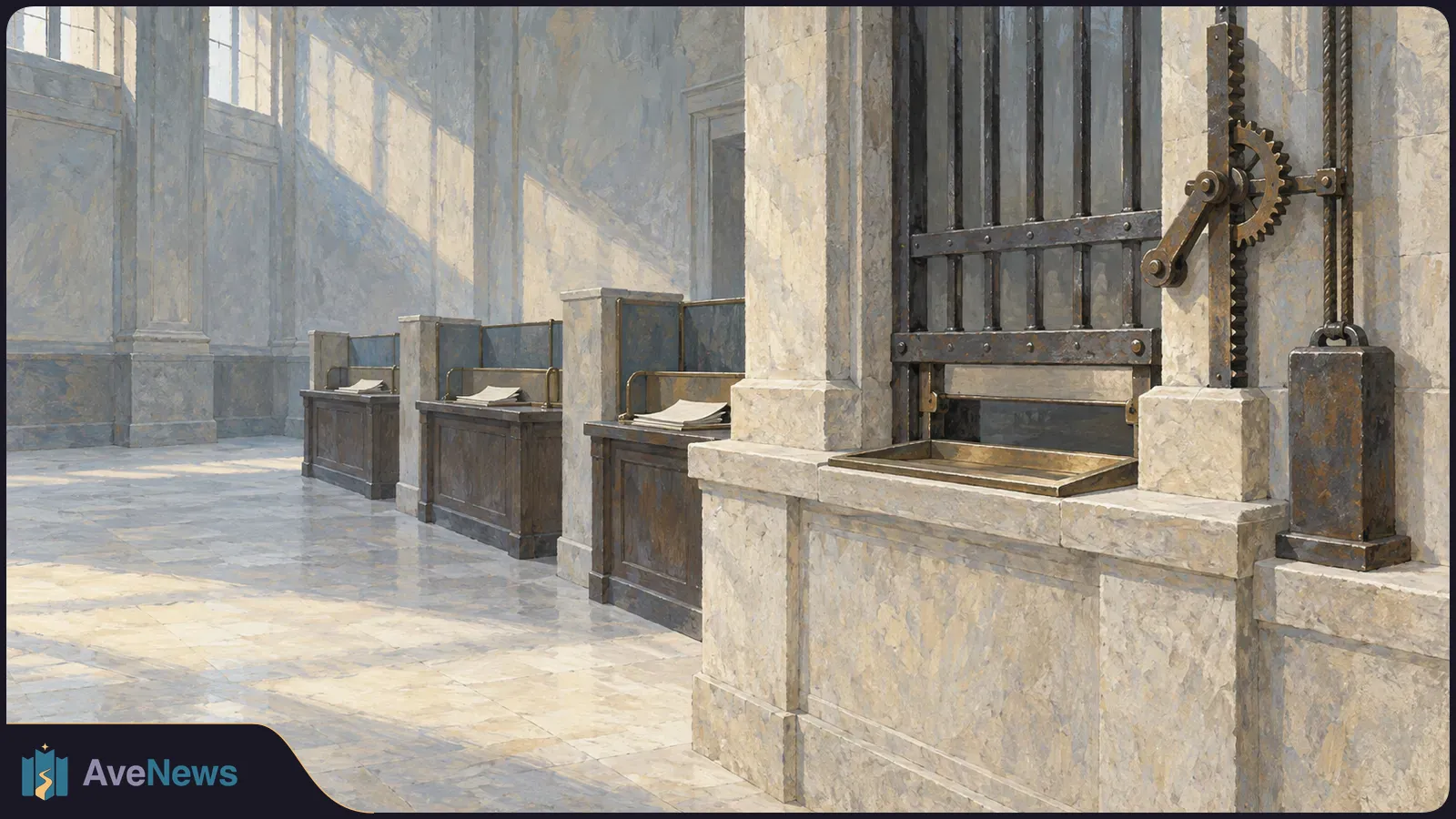 An empty stone banking hall with wooden service counters and a large metal shutter operated by a gear. SI illustration