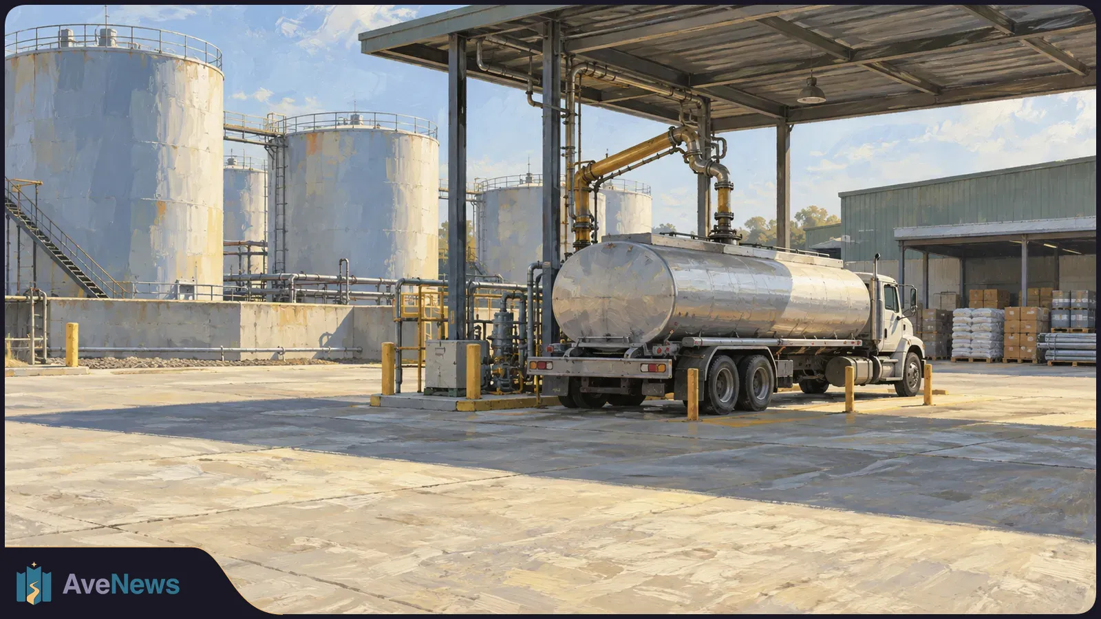 Painted industrial scene with a silver tanker truck beneath overhead pipes, beside large storage tanks and a warehouse. SI illustration