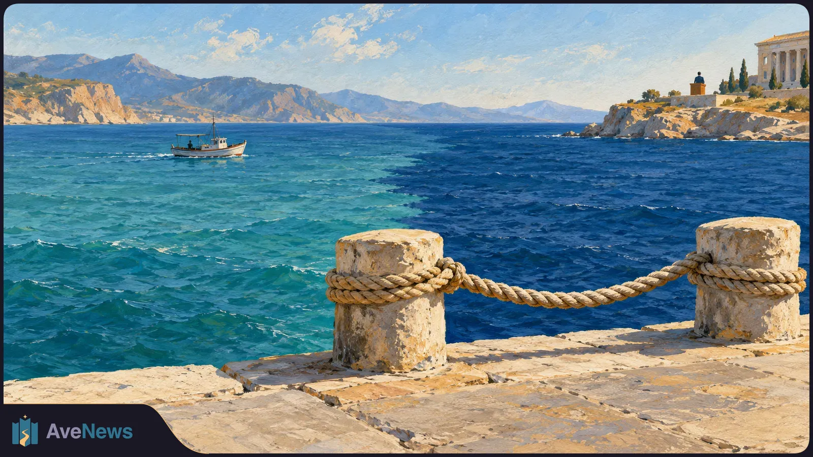 Painted coastal scene with a fishing boat on blue water, two rope-linked stone posts in the foreground, and mountains and a columned building in the distance. SI illustration