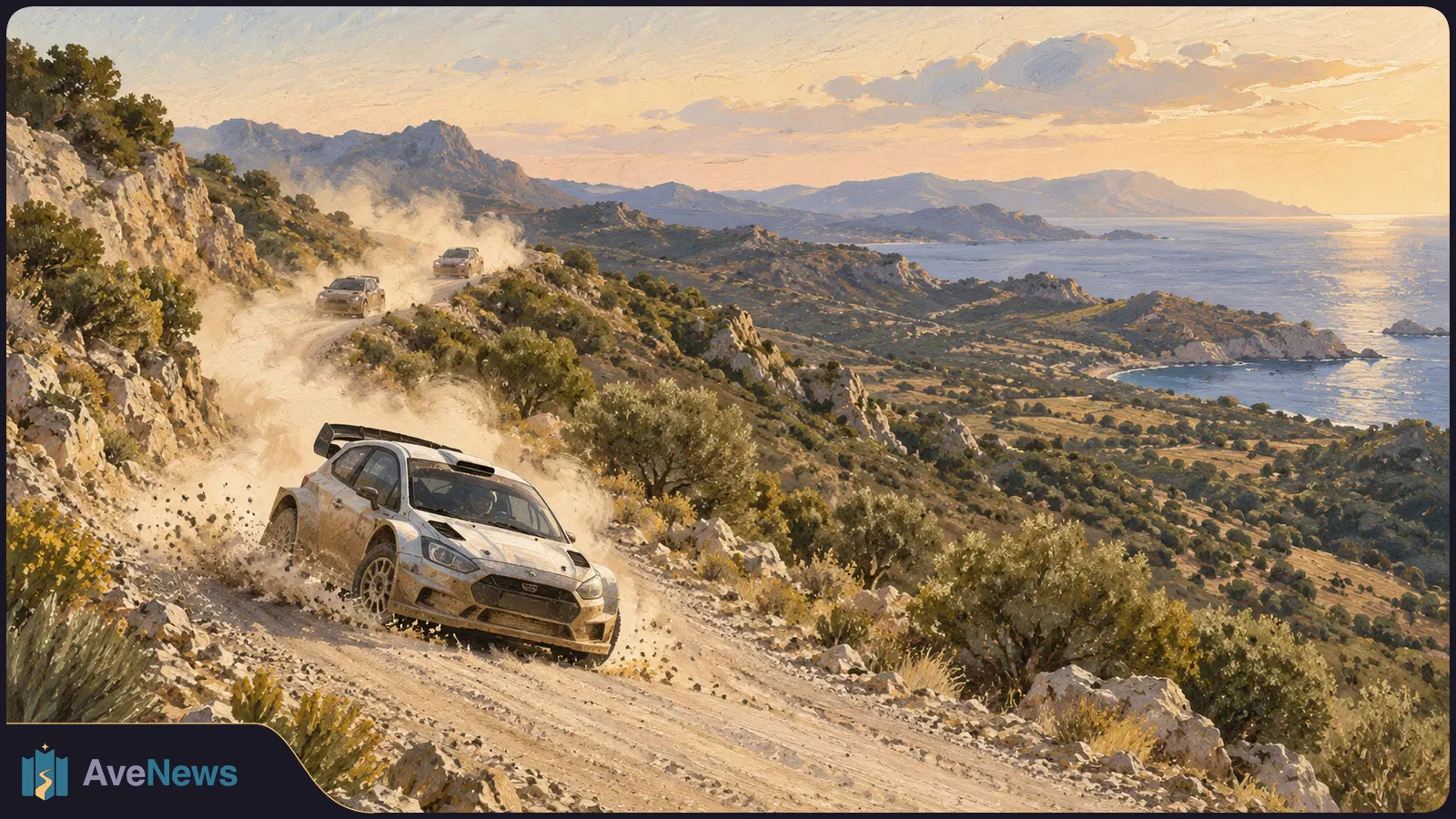 A painted scene of three rally cars kicking up dust on a winding gravel road above a rocky coastline at sunset. SI illustration