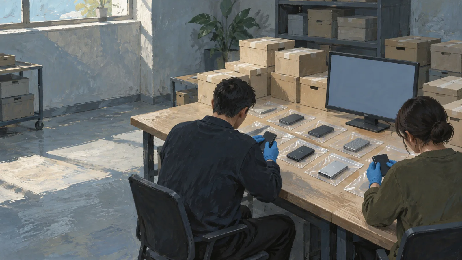 Two people wearing blue gloves handle phones at a table with more devices in clear bags, a blank monitor and stacked boxes. SI illustration