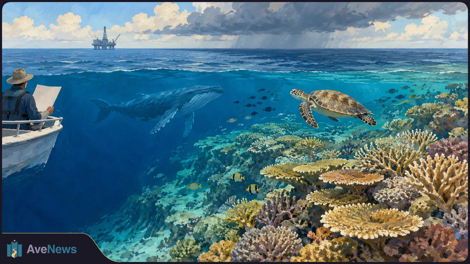 Illustration of a person on a boat beside a blue sea, with a whale, sea turtle, fish and coral reef visible underwater and a distant offshore platform beneath dark clouds. SI illustration