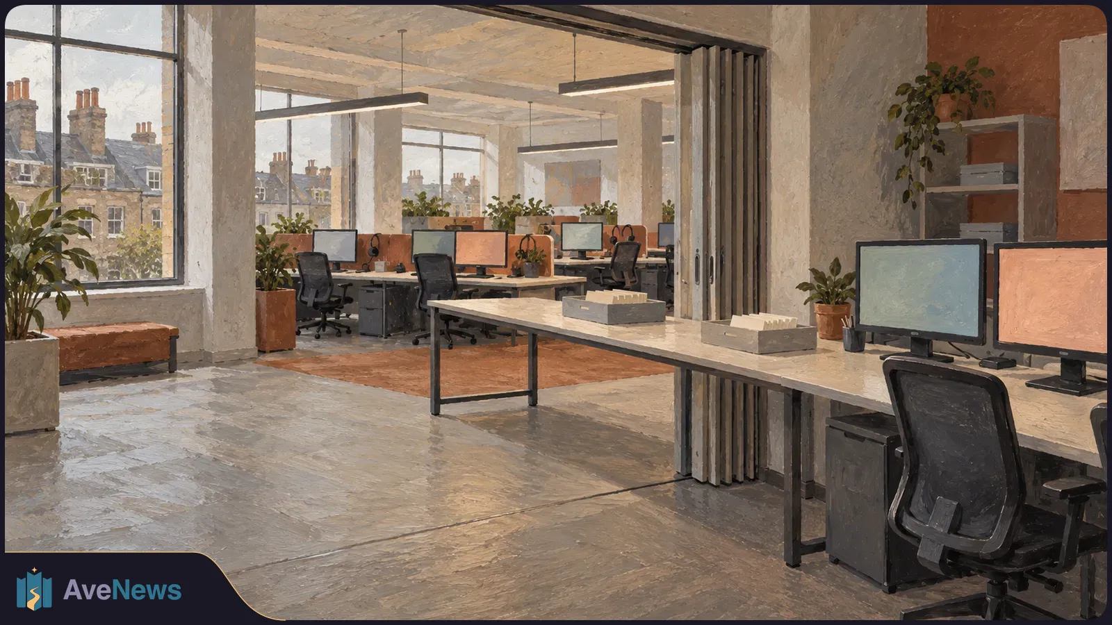 Painterly view of an empty open-plan office with rows of desks, blank monitors, chairs, plants and large windows overlooking buildings. SI illustration