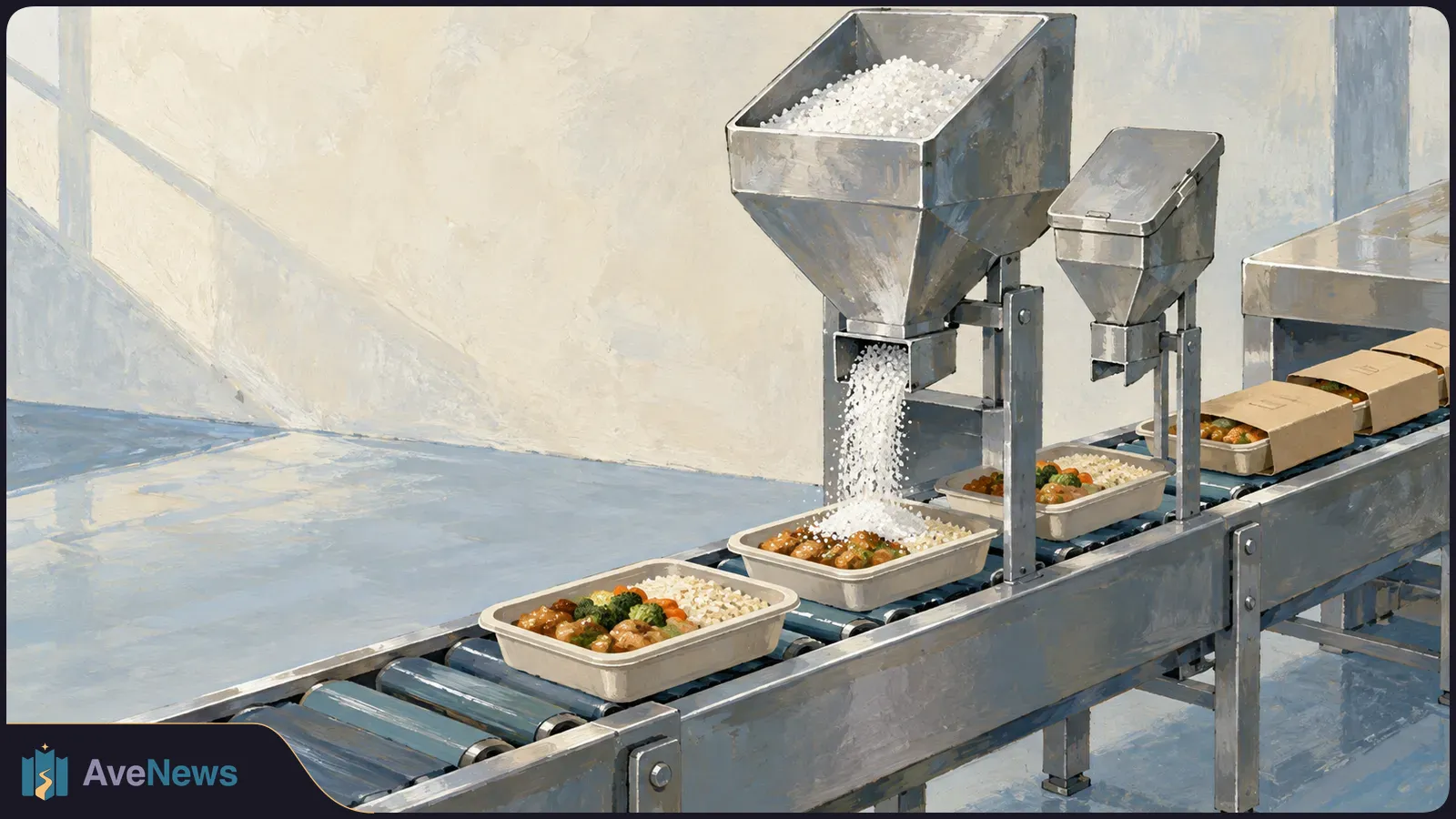 Illustration of prepared meals moving along a conveyor as a metal hopper pours white granules into a tray; cardboard sleeves cover trays farther along. SI illustration