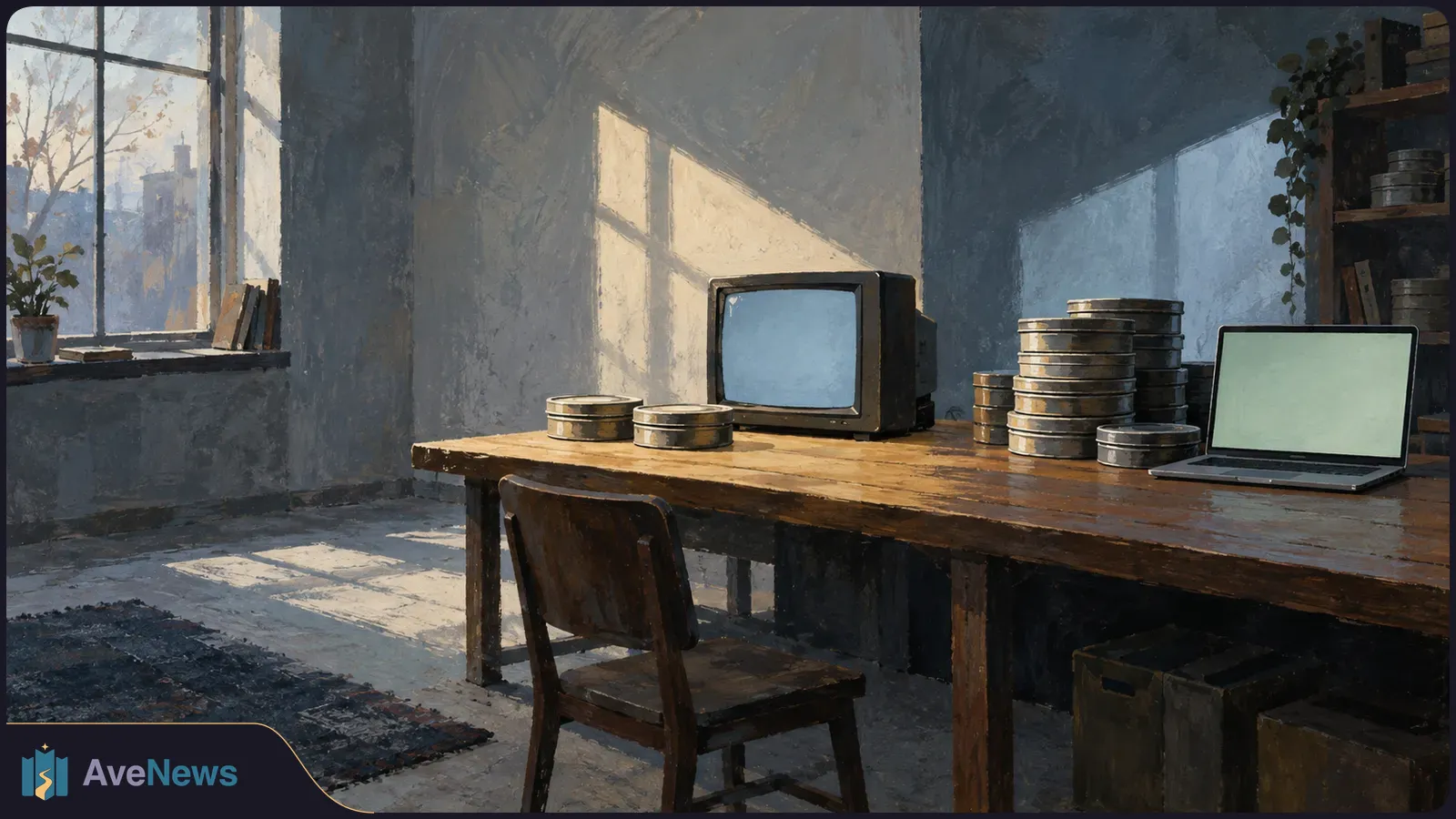 A painted, sunlit room with a wooden table holding stacks of round metal canisters, an old television and an open laptop with blank screens. SI illustration