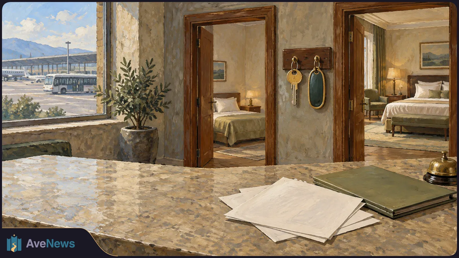 Painted hotel reception desk with blank papers, a folder and a bell. Keys hang beside two open guest rooms, while planes and a bus are visible through the window. SI illustration