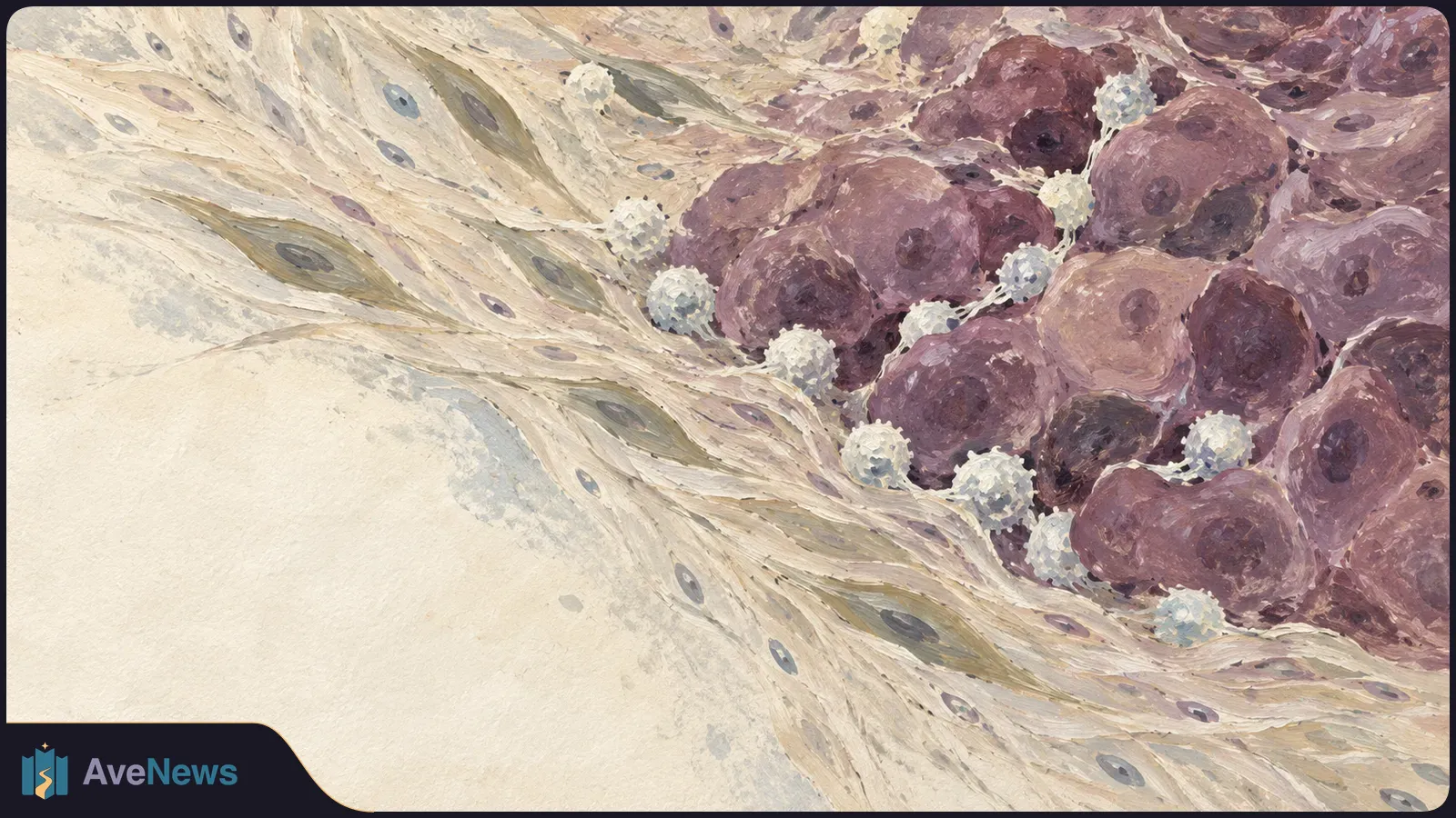 Painted close-up of clustered purple cells in pale, fibrous tissue, with small white, grainy cells between them. SI illustration