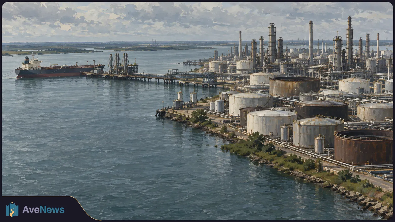 A tanker moored beside a sprawling waterfront refinery, with storage tanks, pipes and towers under a cloudy sky. SI illustration