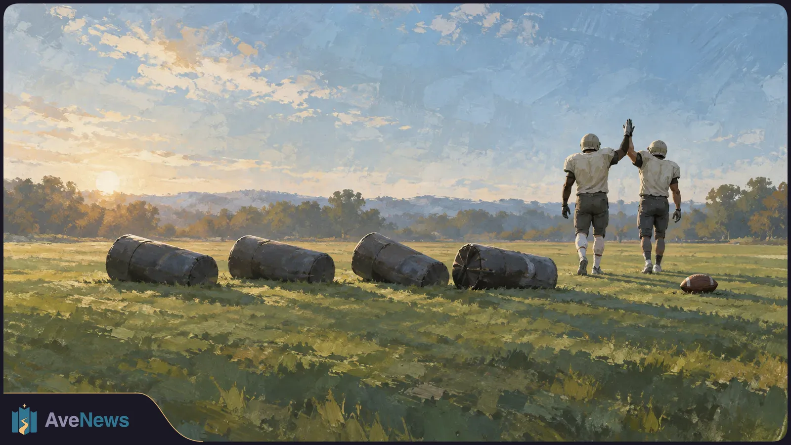 Two helmeted American football players high-five on a grassy field at sunset. Four tackling dummies and a football lie in the foreground. SI illustration