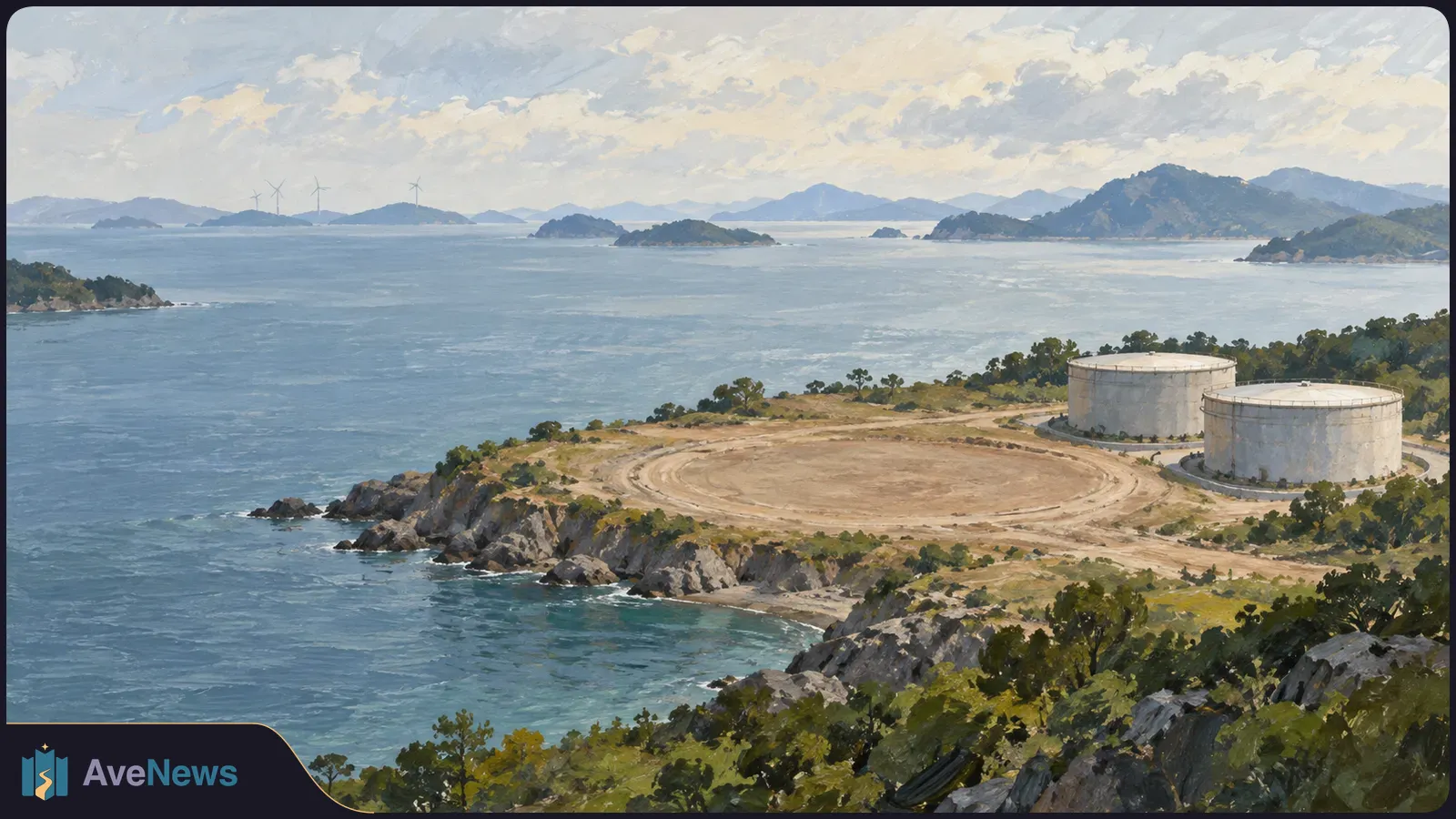 Painted coastal landscape with two large storage tanks beside an empty circular pad; distant wind turbines stand across the water. SI illustration
