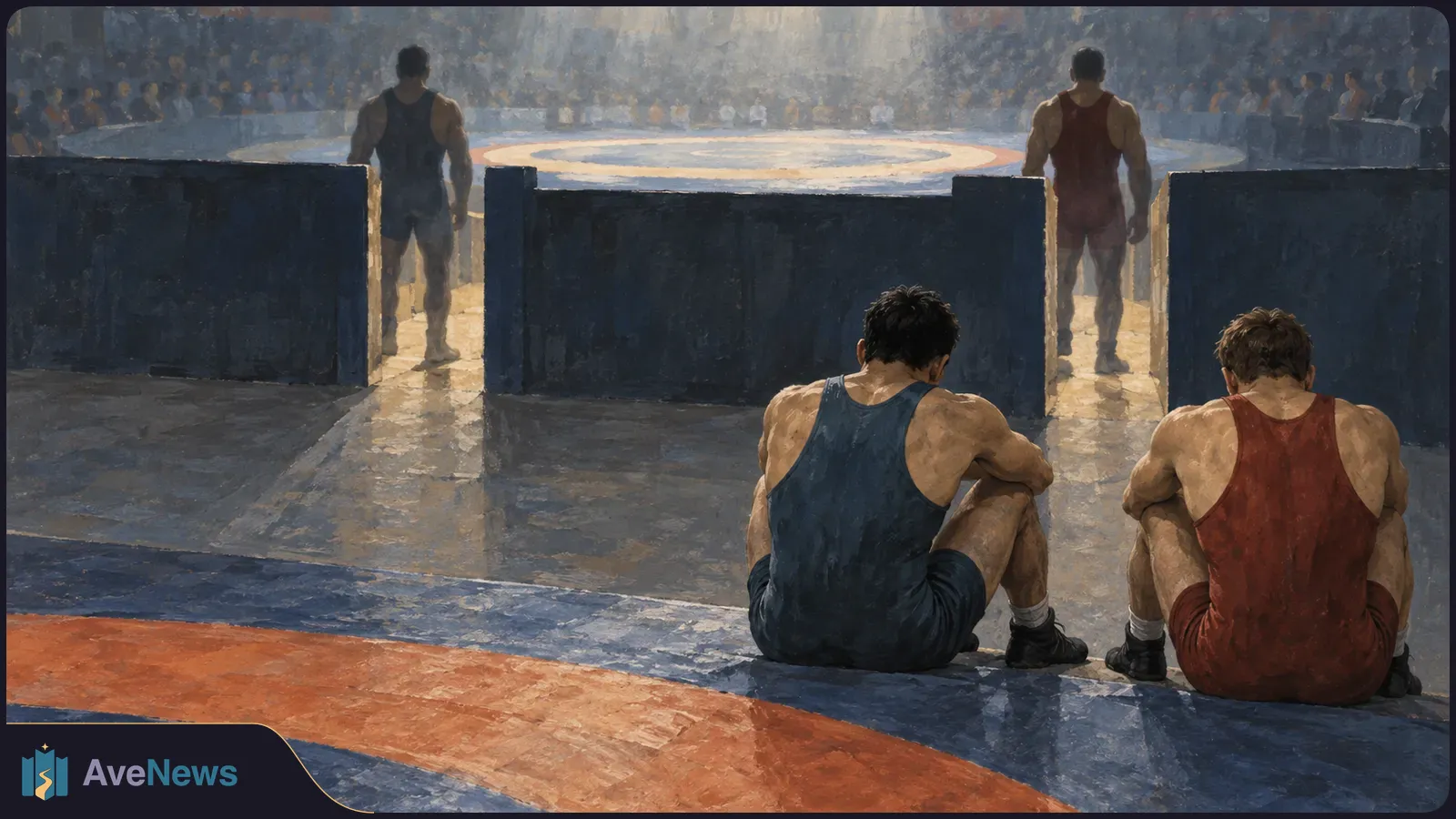 Painterly view of a wrestling arena: two wrestlers sit with their backs to the viewer while two others stand near a mat, with spectators beyond. SI illustration
