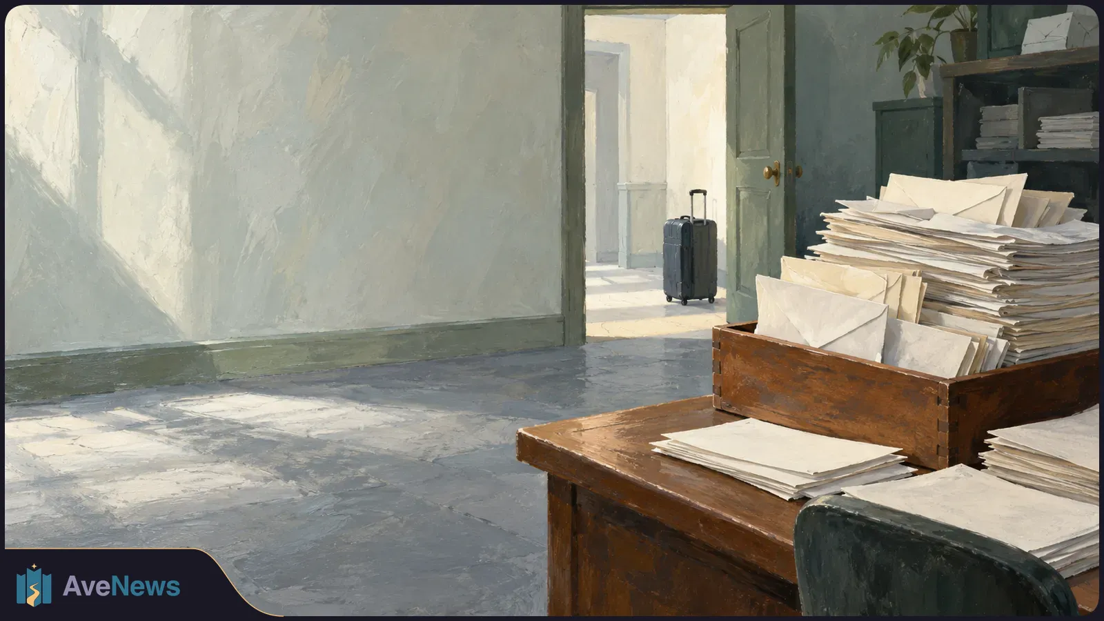 Painted office interior with stacks of blank papers and envelopes on a wooden desk; a wheeled suitcase stands beyond an open doorway. SI illustration