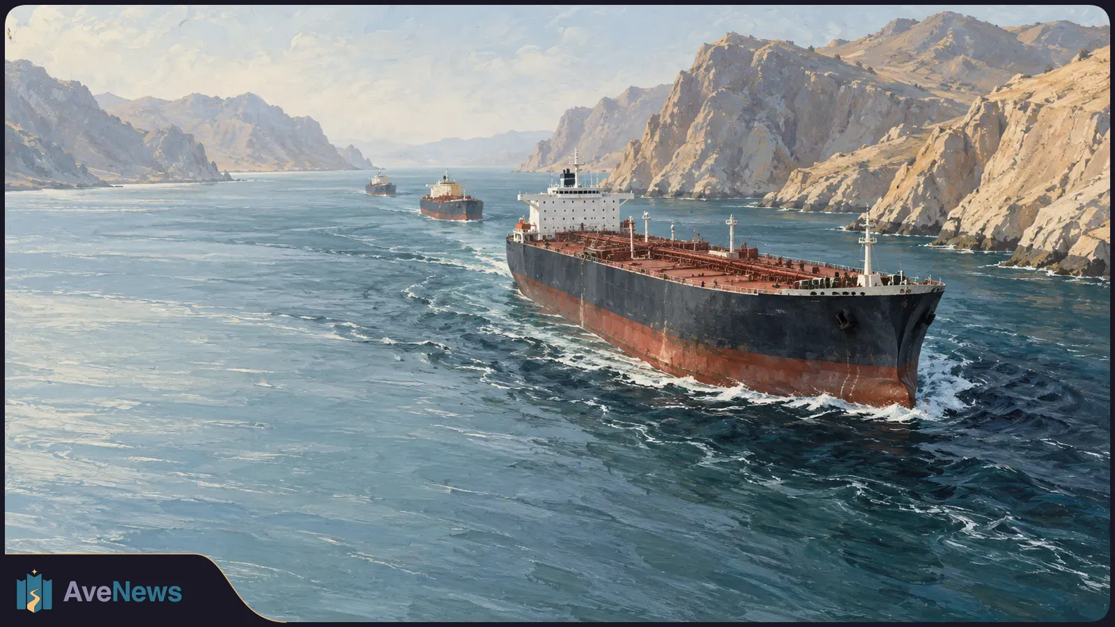 A painted scene of a large tanker sailing through a blue-water channel between rocky mountains, with two ships farther behind. SI illustration