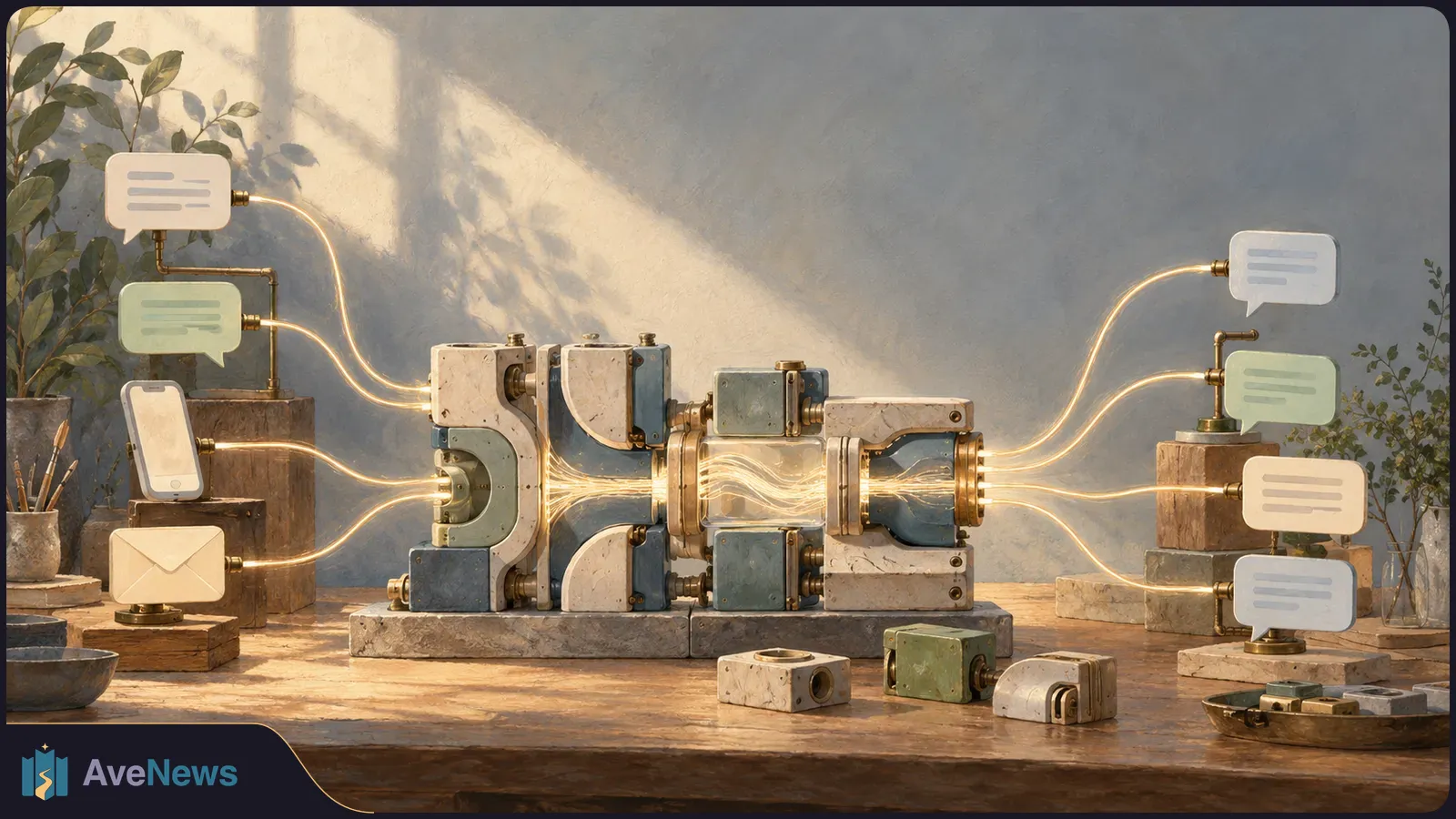 A glowing mechanical hub on a workbench connects a phone and envelope on the left to message bubbles on both sides. SI illustration