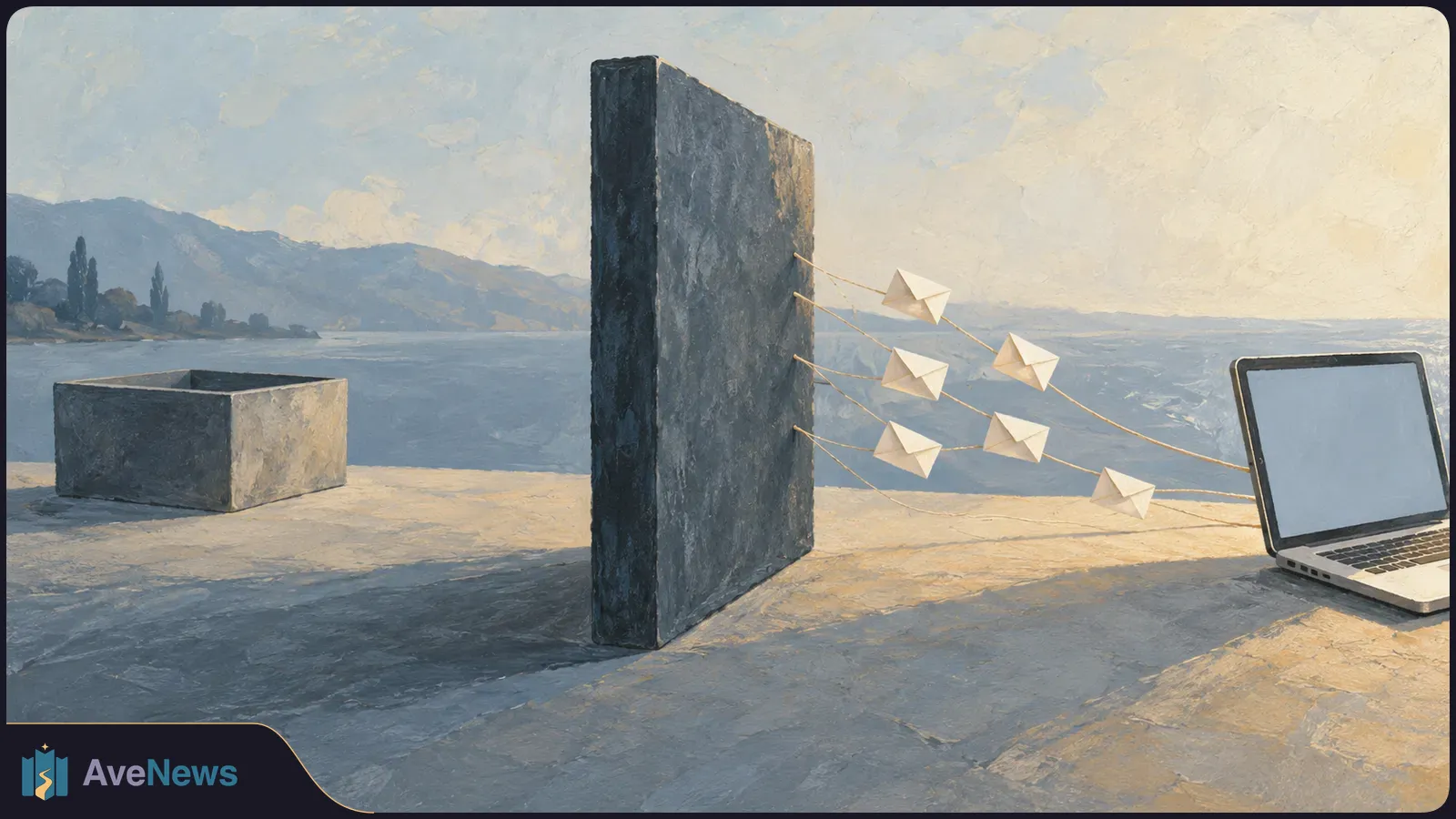Painted scene of a tall dark slab beside water, with paper envelopes on thin lines stretching toward a laptop with a blank screen. SI illustration