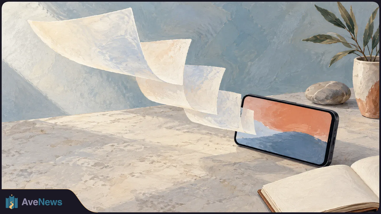 Painted scene of blank sheets floating from a horizontal phone across a stone table, with an open blank notebook, a pebble and a potted plant nearby. SI illustration