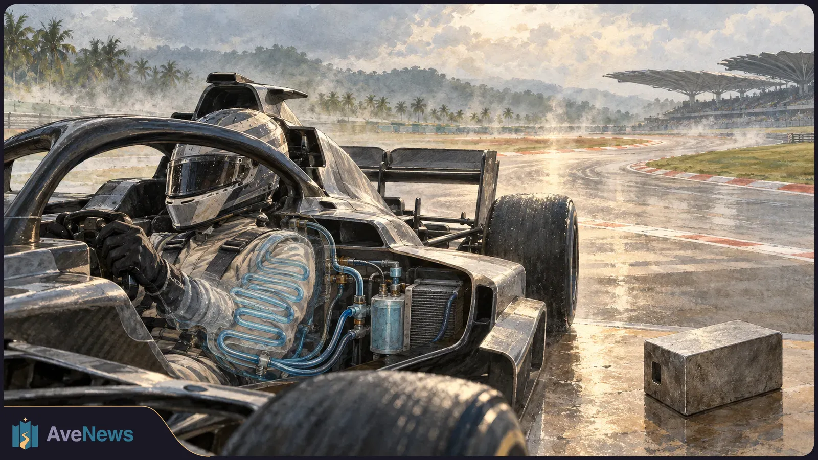 A helmeted driver sits in an open-wheel race car with blue tubes across the suit. A metal box rests beside the wet track, with palm trees and grandstands beyond. SI illustration
