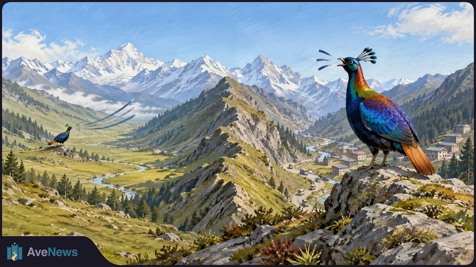Two colorful birds perch above a snowy mountain valley, with blue call strokes near their beaks. A winding road, village and river lie below. SI illustration