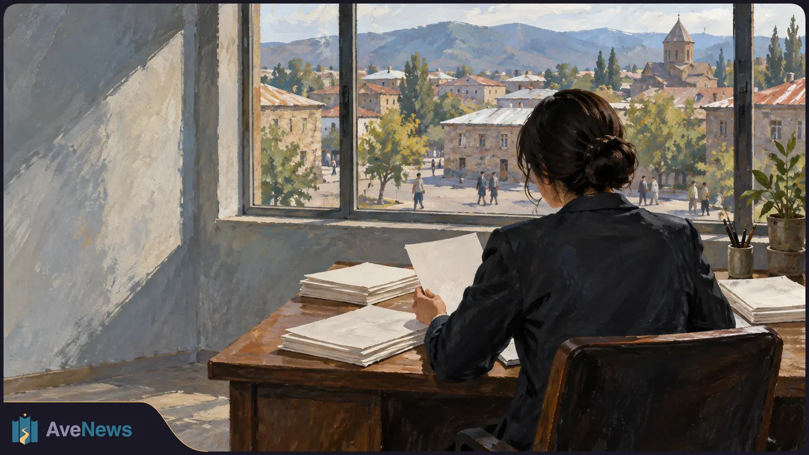 A painted scene of a woman seated at a desk, holding a sheet of paper beside several stacks of papers. Through the window are buildings, a church, trees and mountains. SI illustration