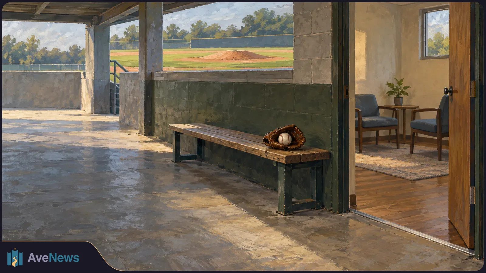 Painted view of an empty baseball dugout. A glove and ball rest on a bench beside an open room with two chairs, a table and a plant; the field lies beyond. SI illustration