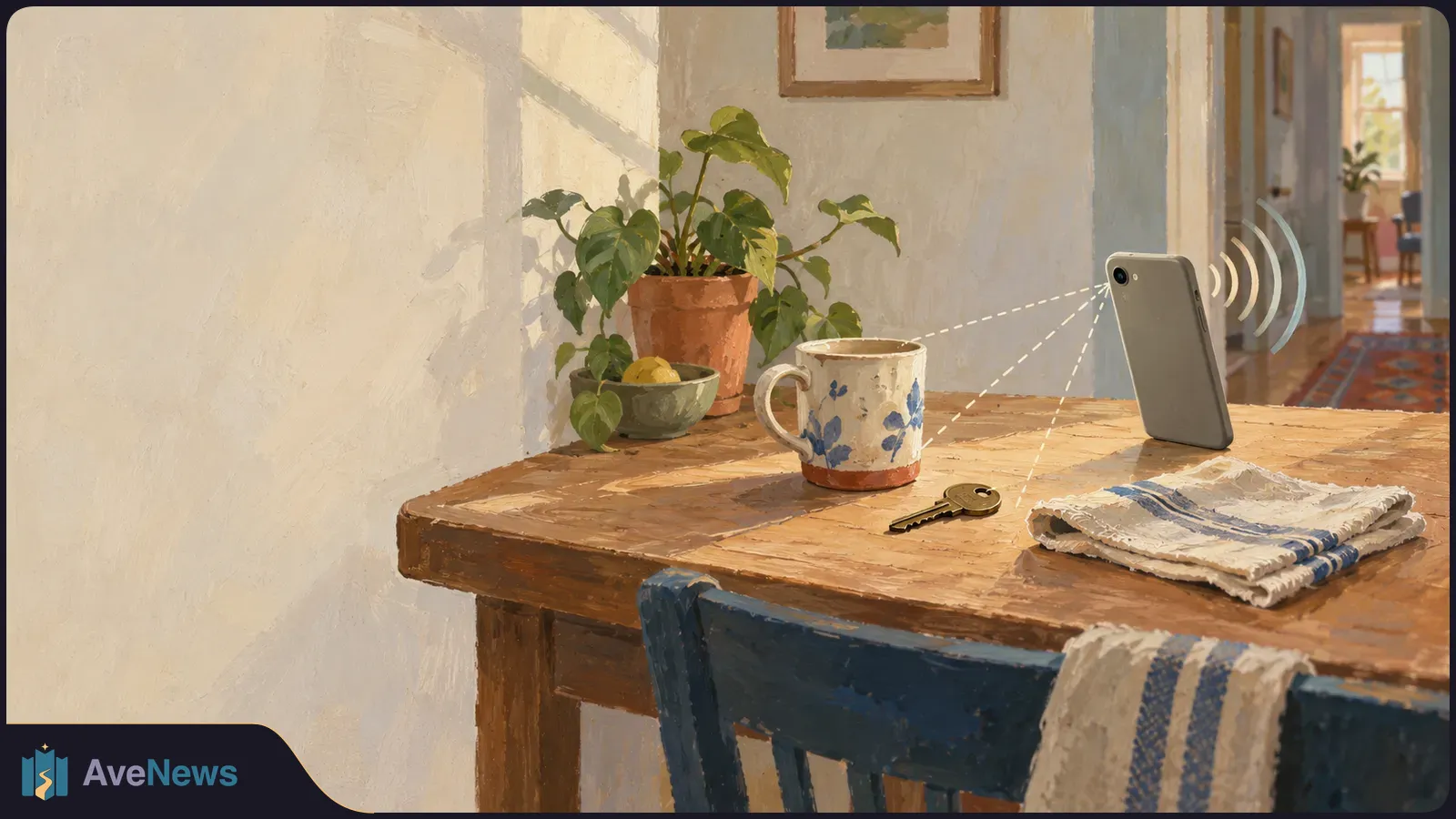 Painted sunlit room with a phone propped on a wooden table beside a mug, key, folded cloth and potted plant. Dashed lines point from its camera toward the objects, with curved waves beside the phone. SI illustration