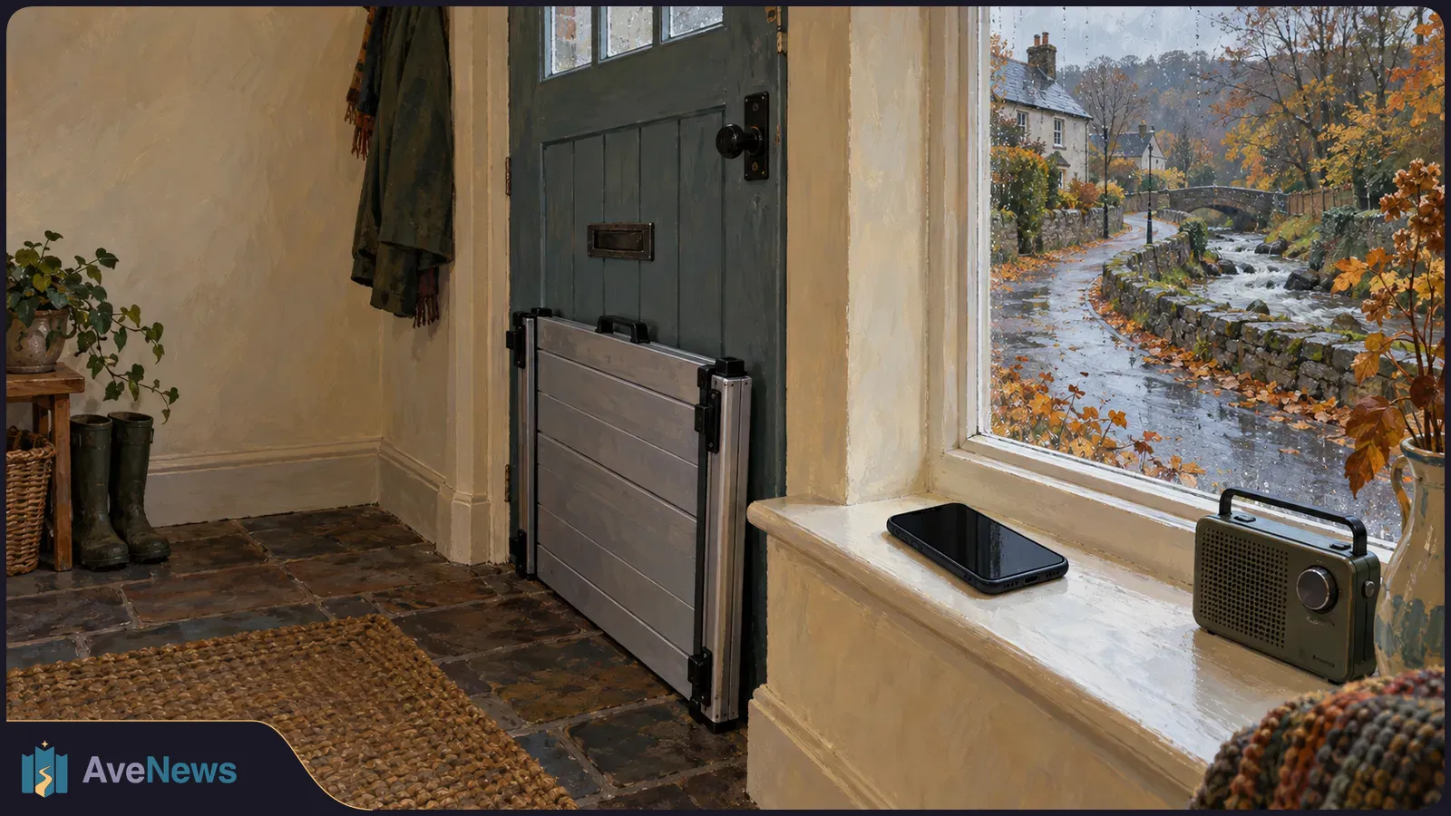 A flood barrier covers the lower half of a home's front door. A dark phone and portable radio sit on the windowsill, overlooking a wet path beside a rushing stream. SI illustration