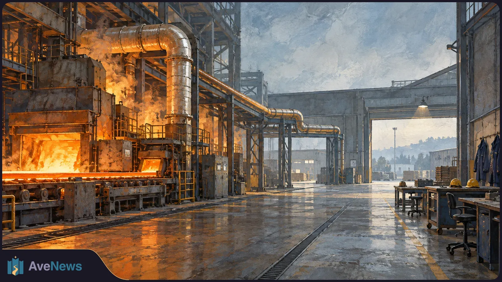 A glowing furnace and metal rollers inside a large factory hall, with overhead pipes, worktables and a wide aisle leading to an open doorway. SI illustration