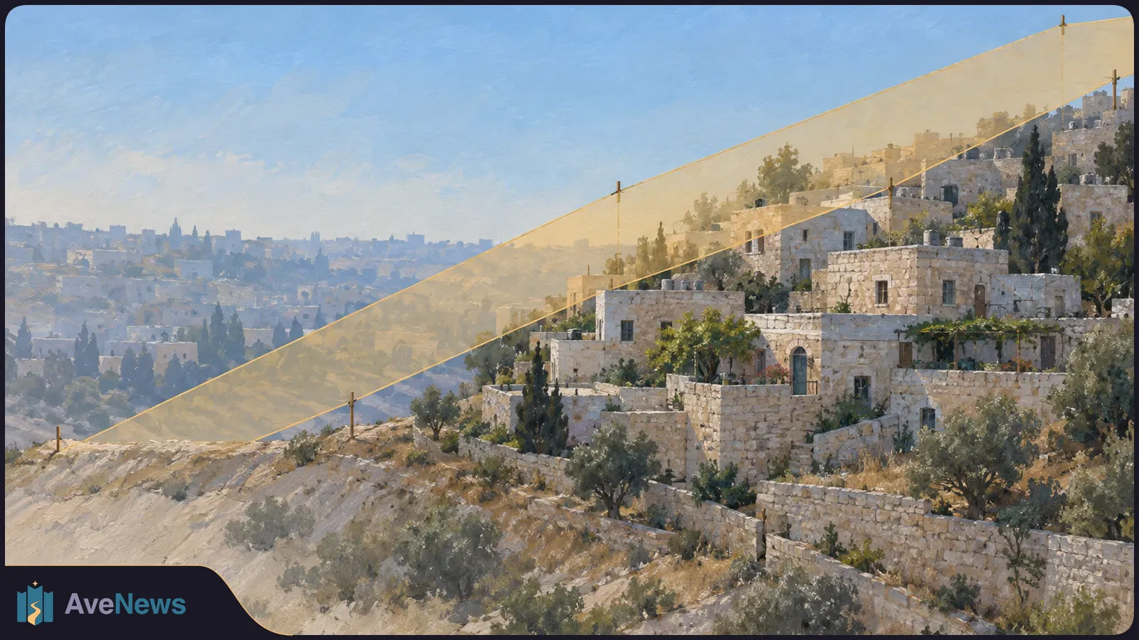 Illustration of stone houses and trees on a hillside, with a distant city and a translucent yellow band crossing the scene overhead. SI illustration