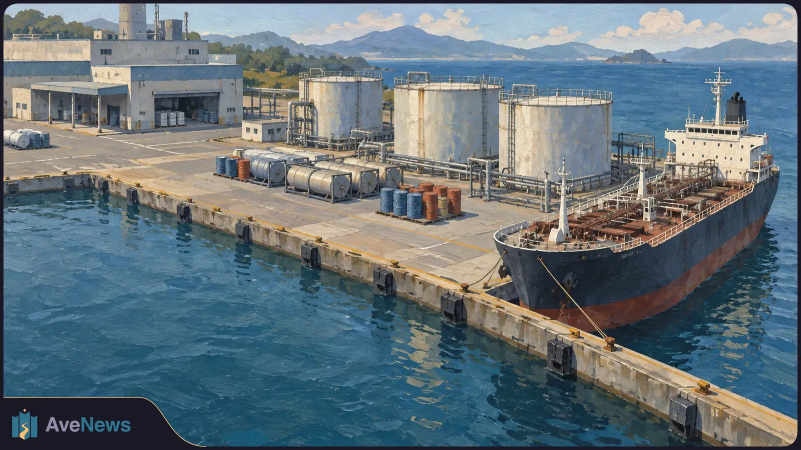 Painted view of a tanker moored beside a dock with large storage tanks, pipes and drums, with blue water and distant mountains behind. SI illustration