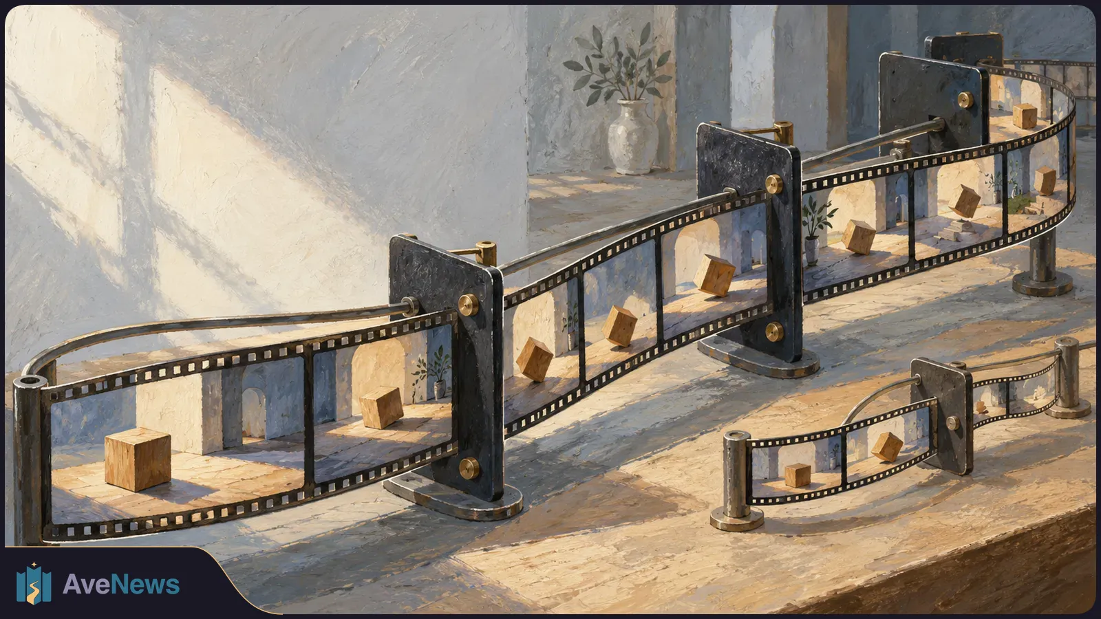 A painted scene of looping filmstrips on metal supports, with small wooden cubes pictured in their frames. Sunlight falls across a pale room and tabletop. SI illustration