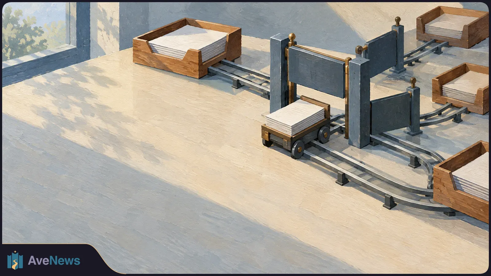 Painted illustration of a small cart carrying blank papers on branching rails between blue gates, with stacks of paper in wooden trays around it. SI illustration