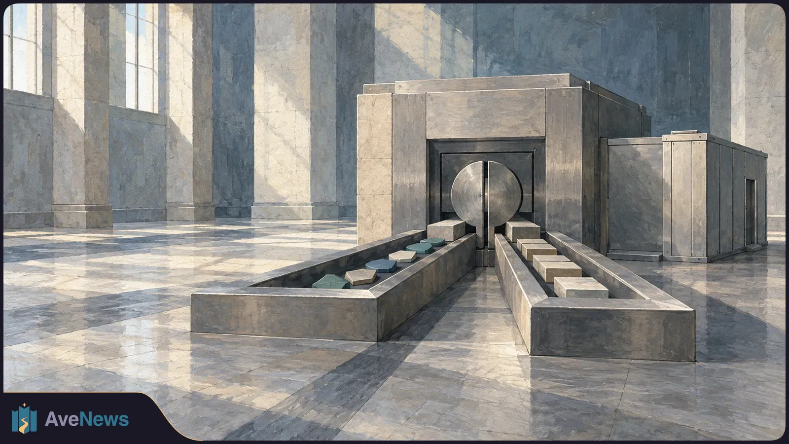 In a sunlit stone hall, two parallel channels lined with pale and teal blocks lead to a large gray machine with a circular metal center. SI illustration