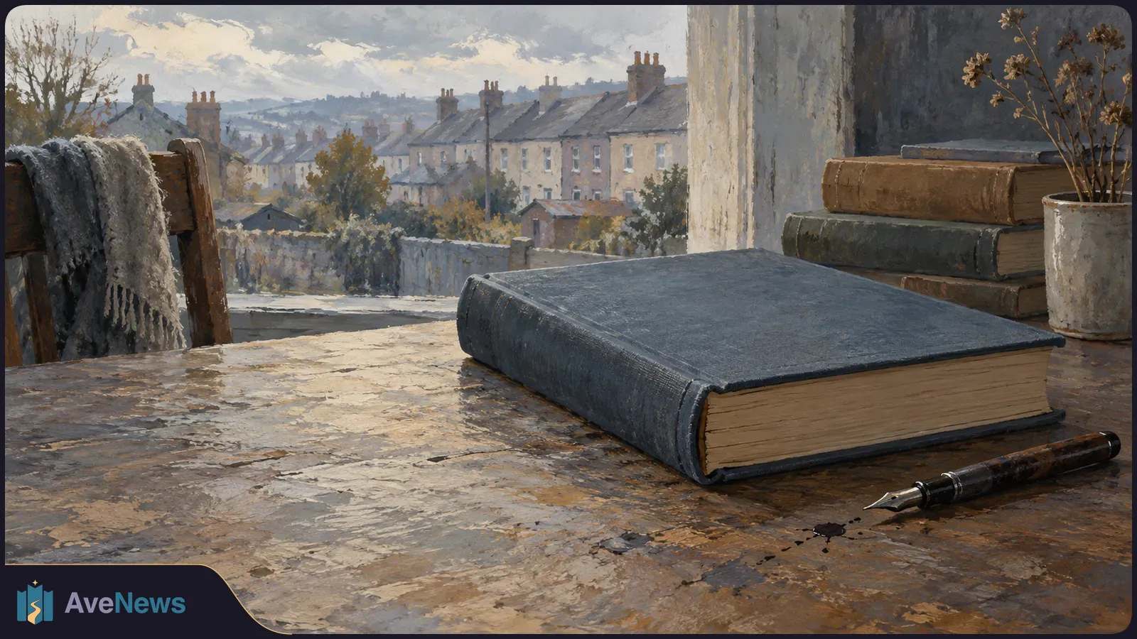 A painted scene of a closed blue book and fountain pen on a wooden table by a window, with stacked books, dried flowers and terraced houses beyond. SI illustration