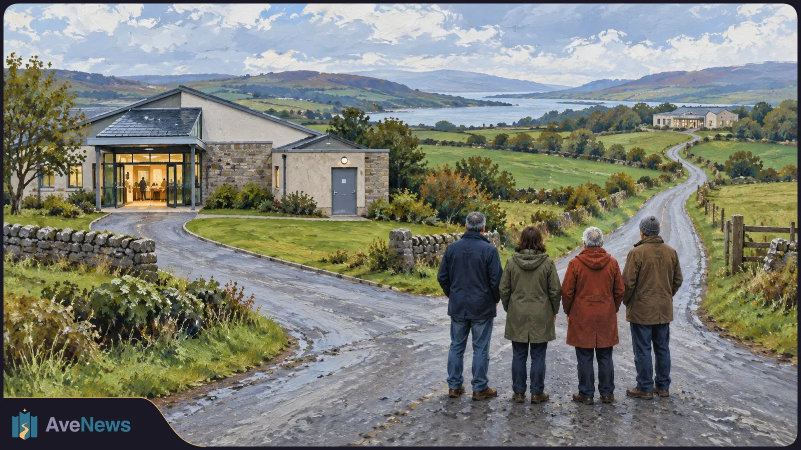 Four people seen from behind stand on a wet country road beside a stone building. Fields, a lake and another building stretch into the distance under a cloudy sky. SI illustration