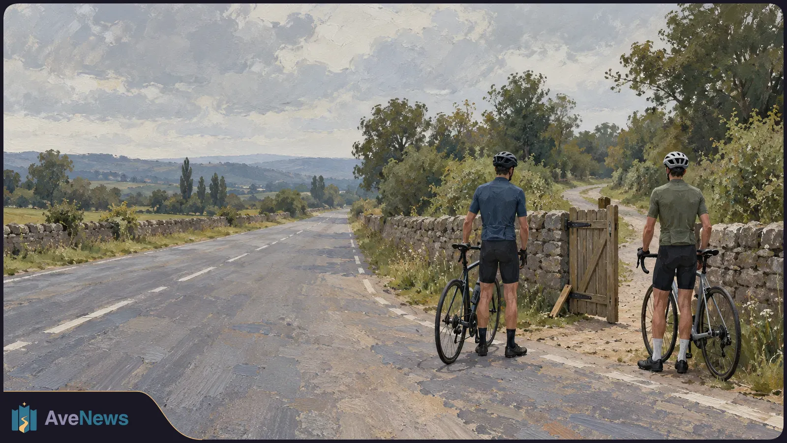 Painterly image of two helmeted cyclists with road bikes beside a stone wall and wooden gate on a quiet country road under a cloudy sky. SI illustration